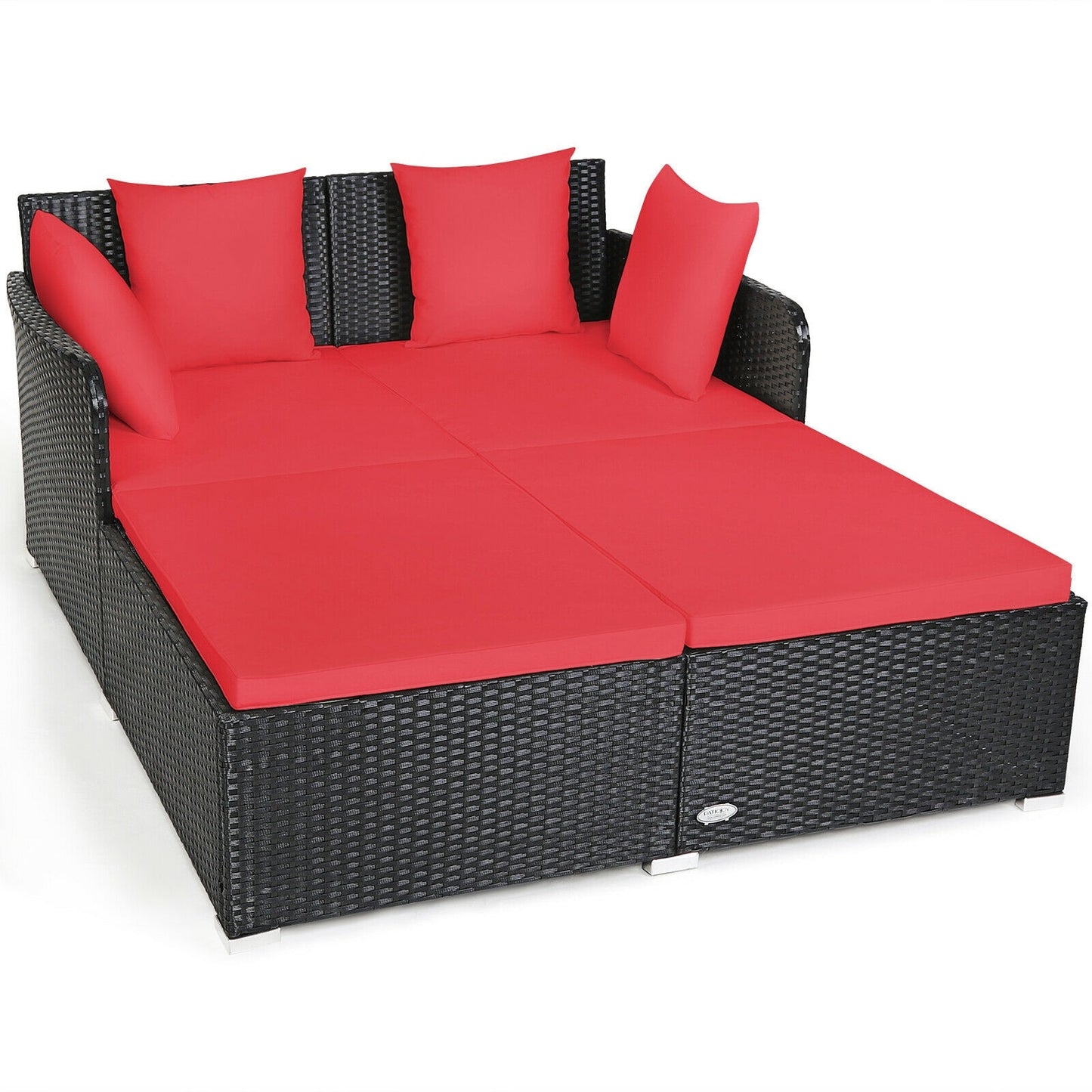 Ayelon Outdoor Rattan Daybed Wicker Outdoor Daybed with Red Cushions and Iron Frame