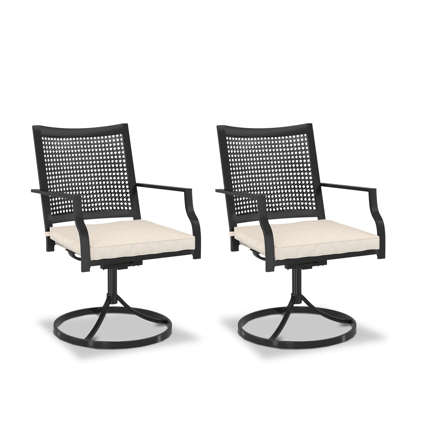 Sumyeg Patio Chairs Set of 2 Woven lron Frame Swivel Dining Chair Set of 2 Woven Black Iron Frame Swivel Dining Chair with Off-white Cushioned Seat
