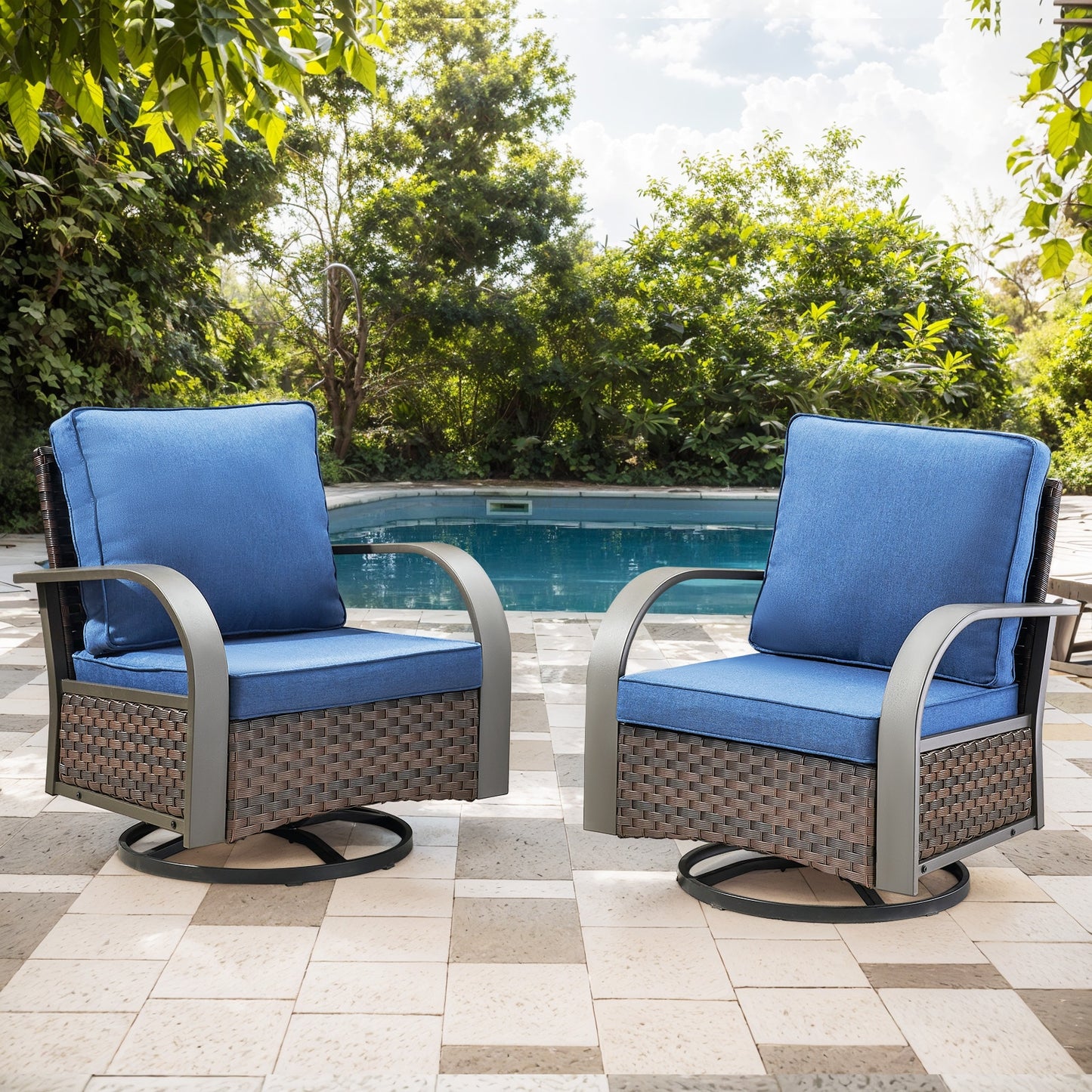 Jeehope PAnorama Series 2 -Piece Wicker Patio Conversation Set with Navy Cushions