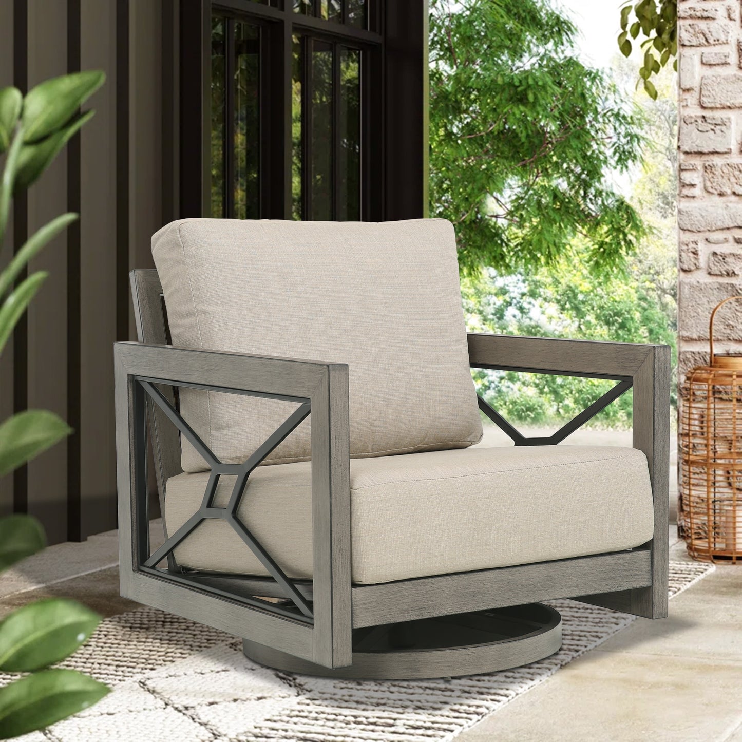 PEAK HOME FURNISHINGS Patio Swivel Chair Outdoor Sofa with Beige Cushions and Aluminum Frame