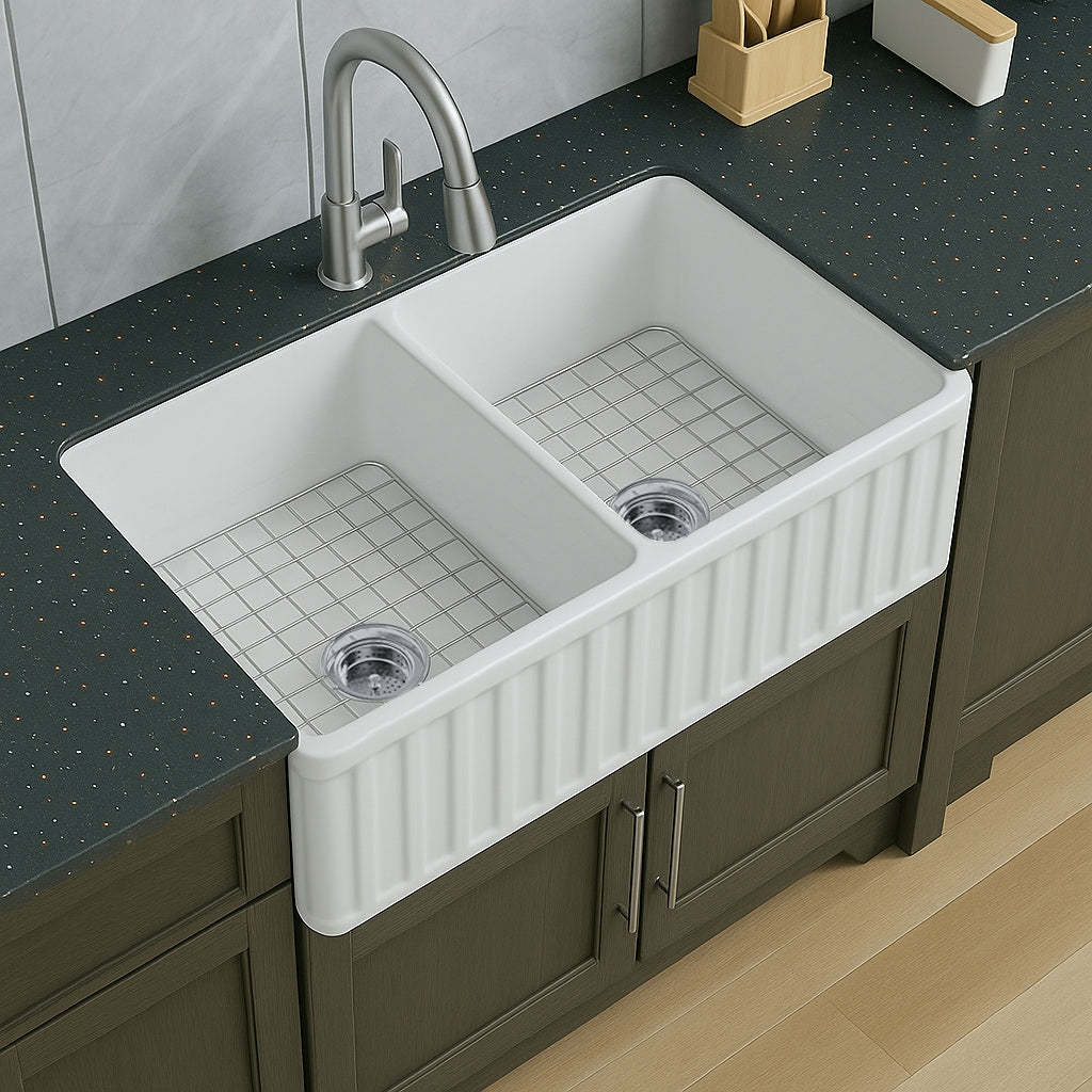 AKDY Fireclay Sink Farmhouse apron front 33-in x 20-in Fireclay Double equal bowl Kitchen Sink