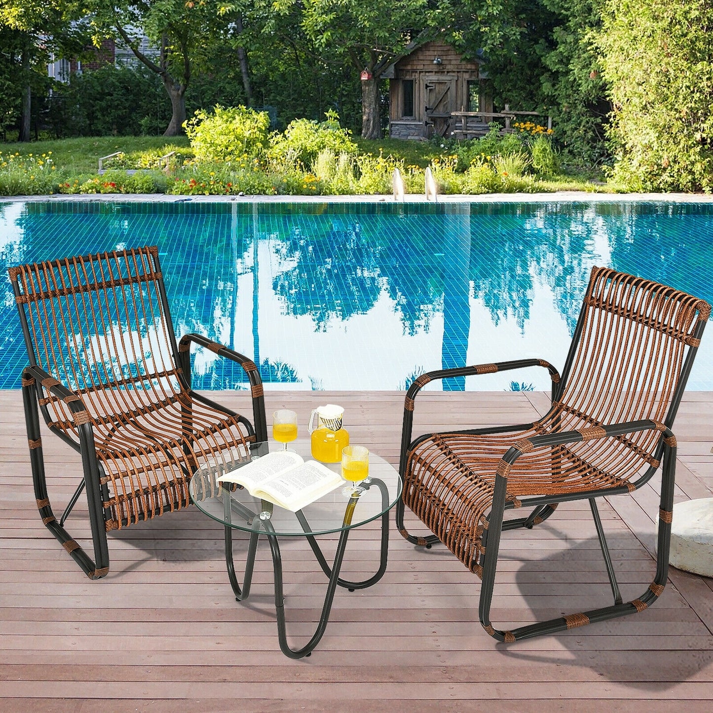 Forclover Patio Conversation Sets 3 -Piece Rattan Patio Conversation Set