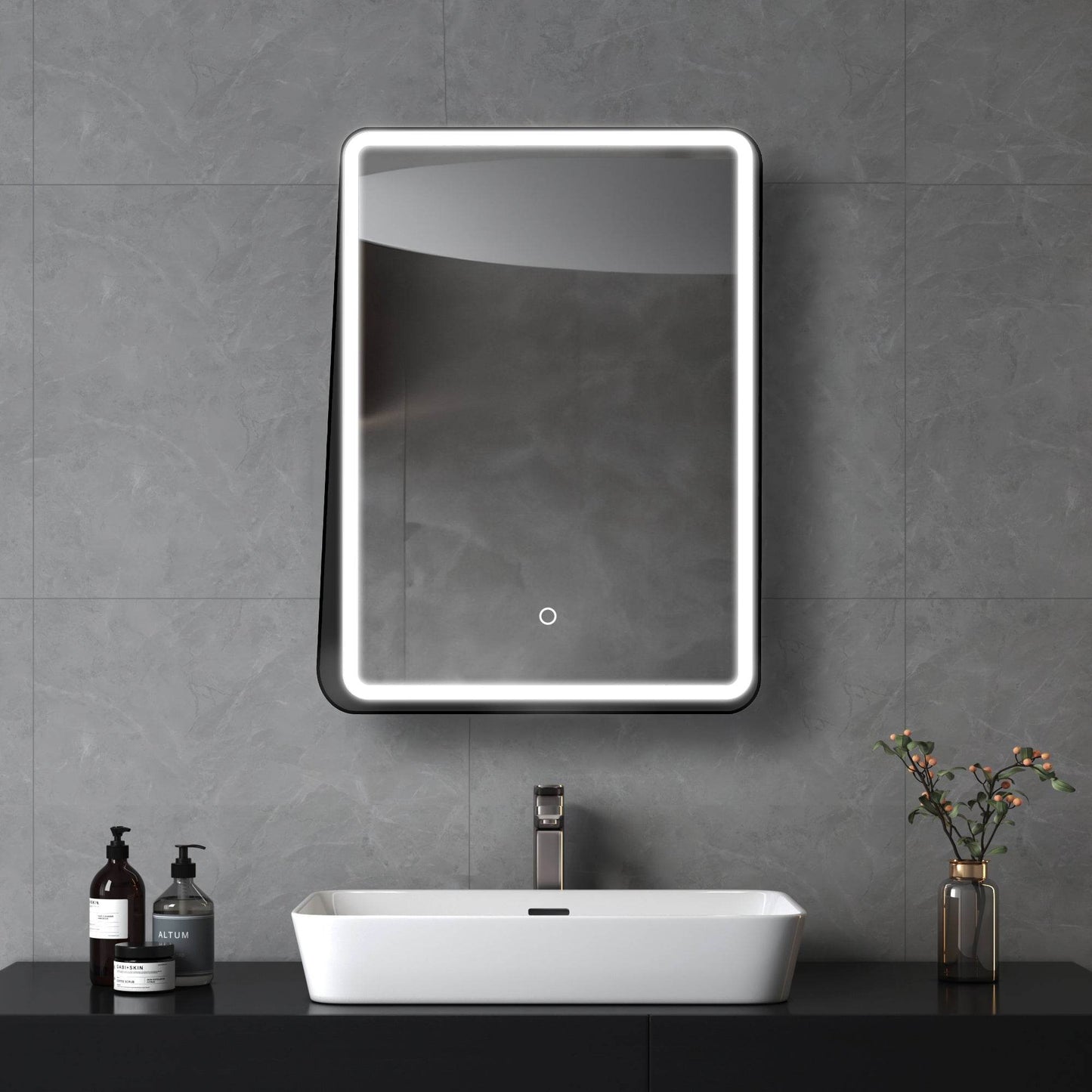 Dreamwerks LED Mirrors 24-in x 32-in Framed Rectangle Dimmable LED Lighted Fog Free Bathroom Vanity Mirror ( Black )