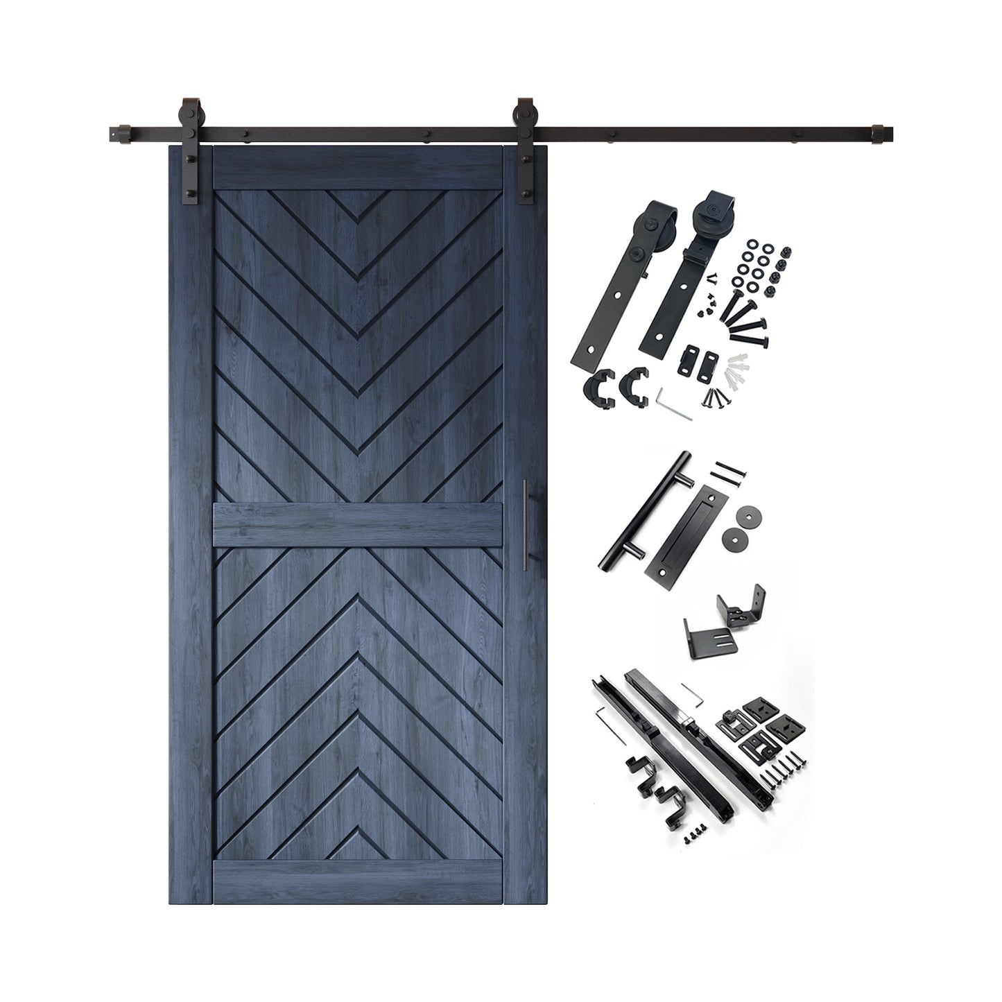 HOMACER 36-in x 80-in Navy Herringbone Pine Wood Solid core Single Barn Door (Hardware Included)