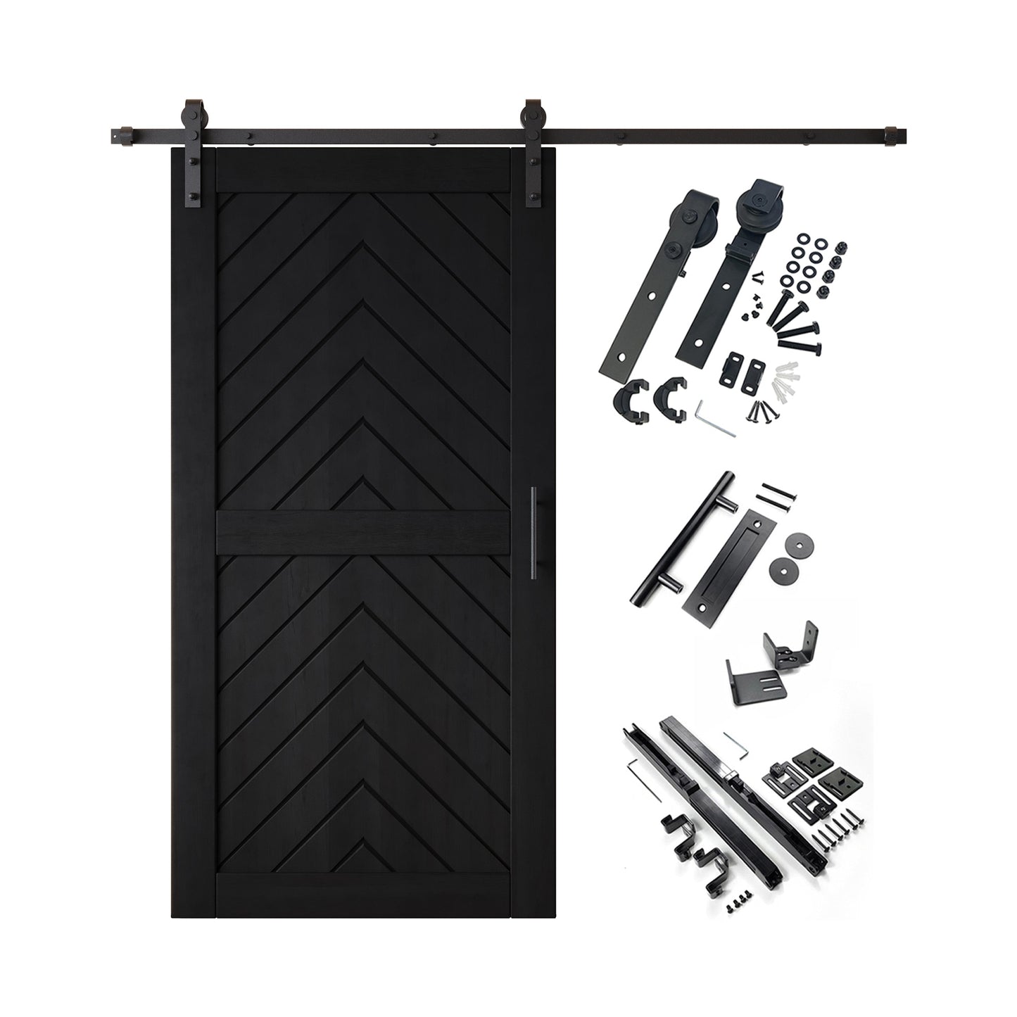 HOMACER 32-in x 80-in Black Herringbone Pine Wood Solid core Single Barn Door (Hardware Included)