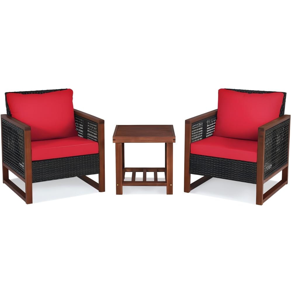 Forclover Patio Conversation Sets 3 -Piece Rattan Patio Conversation Set with Red Cushions