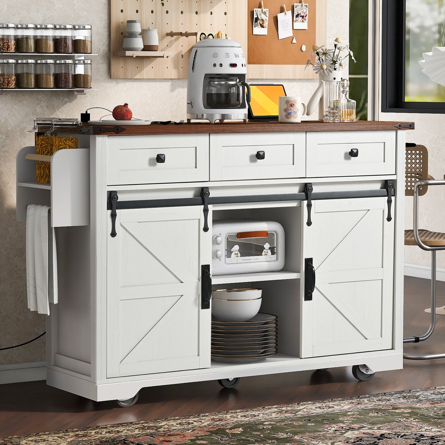 ModernLuxe White MDF Base with Wood Wood Top Rolling Kitchen Island ( 28.75-in x 53.75-in x 36.5-in )