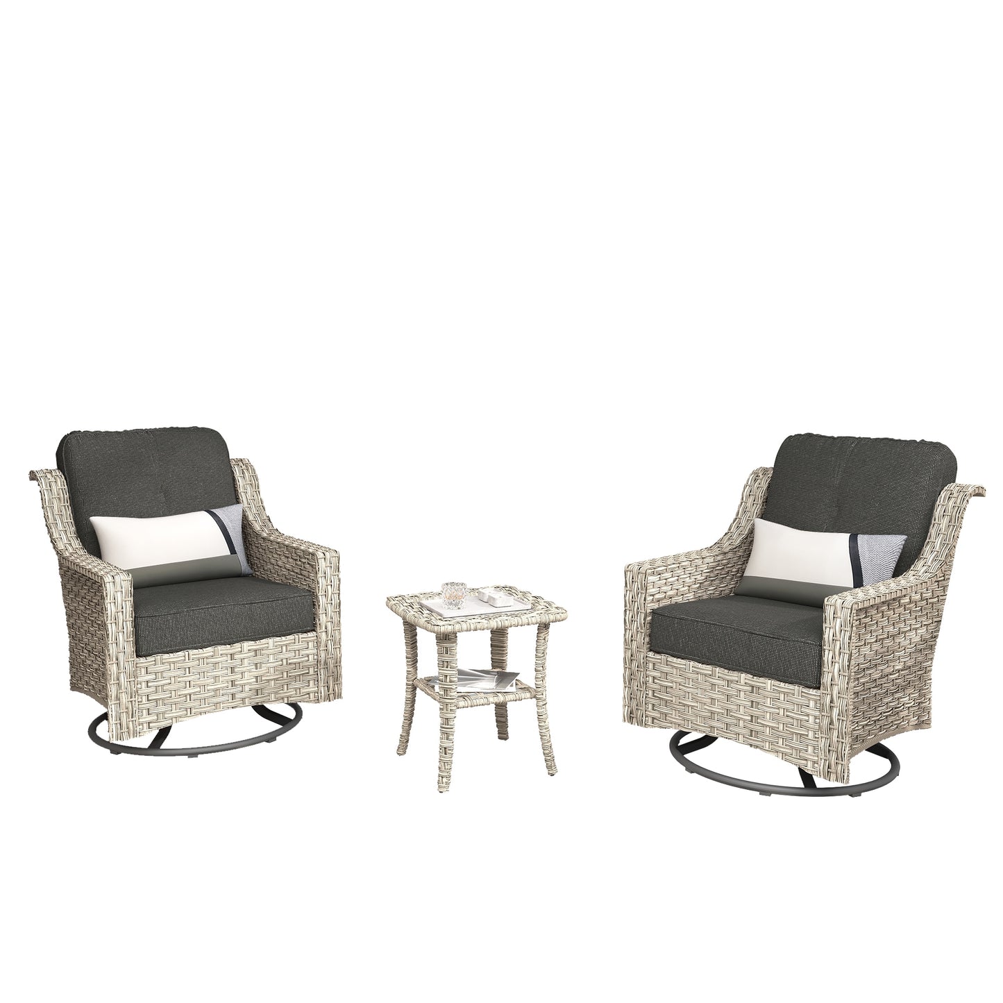 weaxty Aireno Set of 2 Wicker Black Steel Frame Swivel rocker Conversation Chair with Black Cushioned Seat