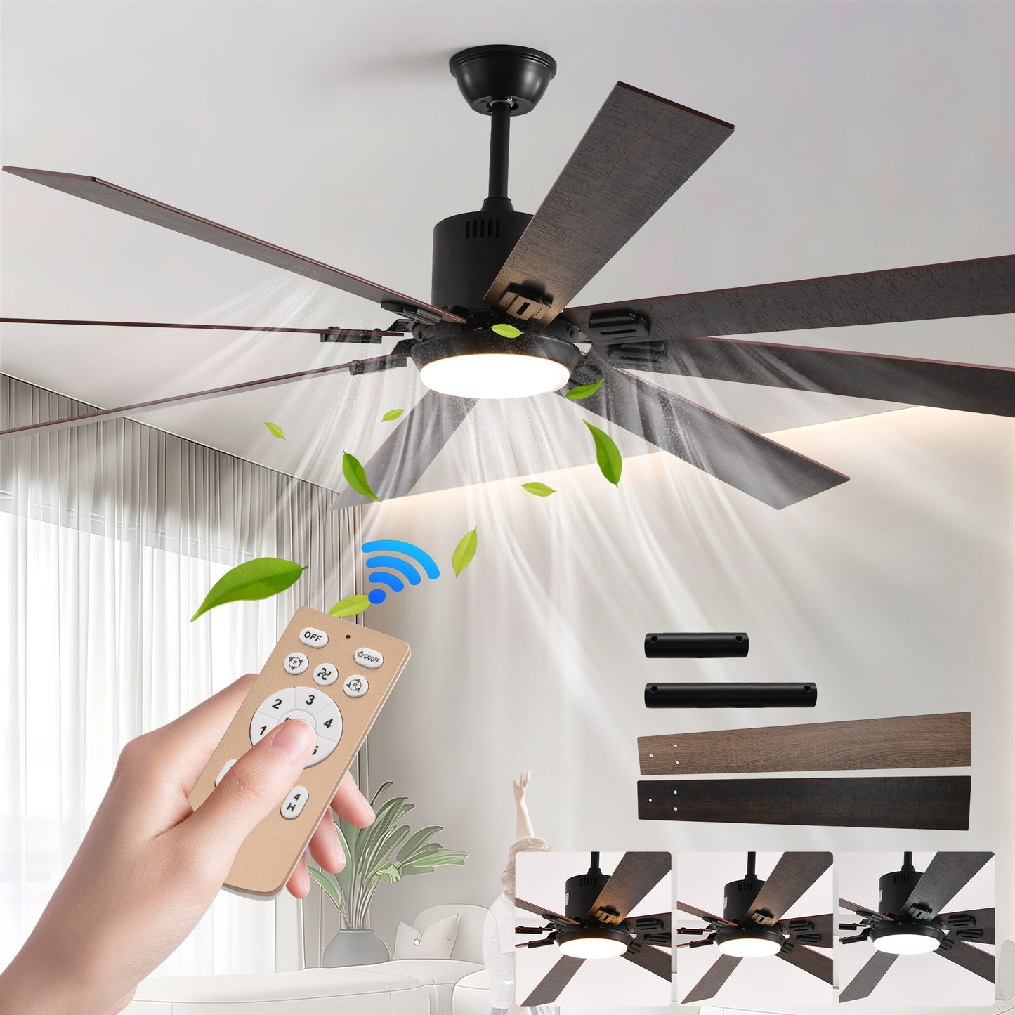 WELLFOR 76-in Walnut with Color-Changing Ceiling Fan With Light 8 -Blade