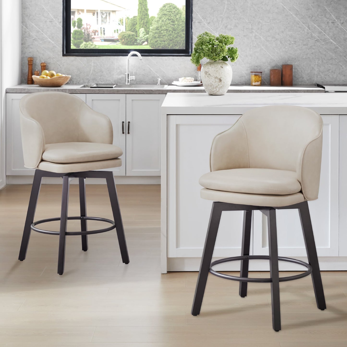 Circle 55 Beige 26-in H Counter height Upholstered Swivel Wood Bar Stool 2 -Pack