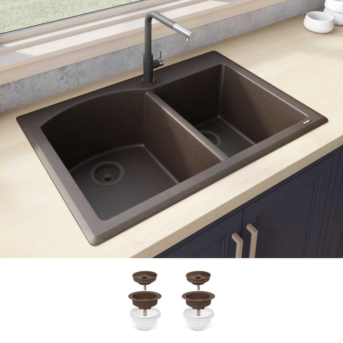 Ruvati epiGranite Drop-in or undermount 33-in x 22-in Granite Double offset bowl Kitchen Sink