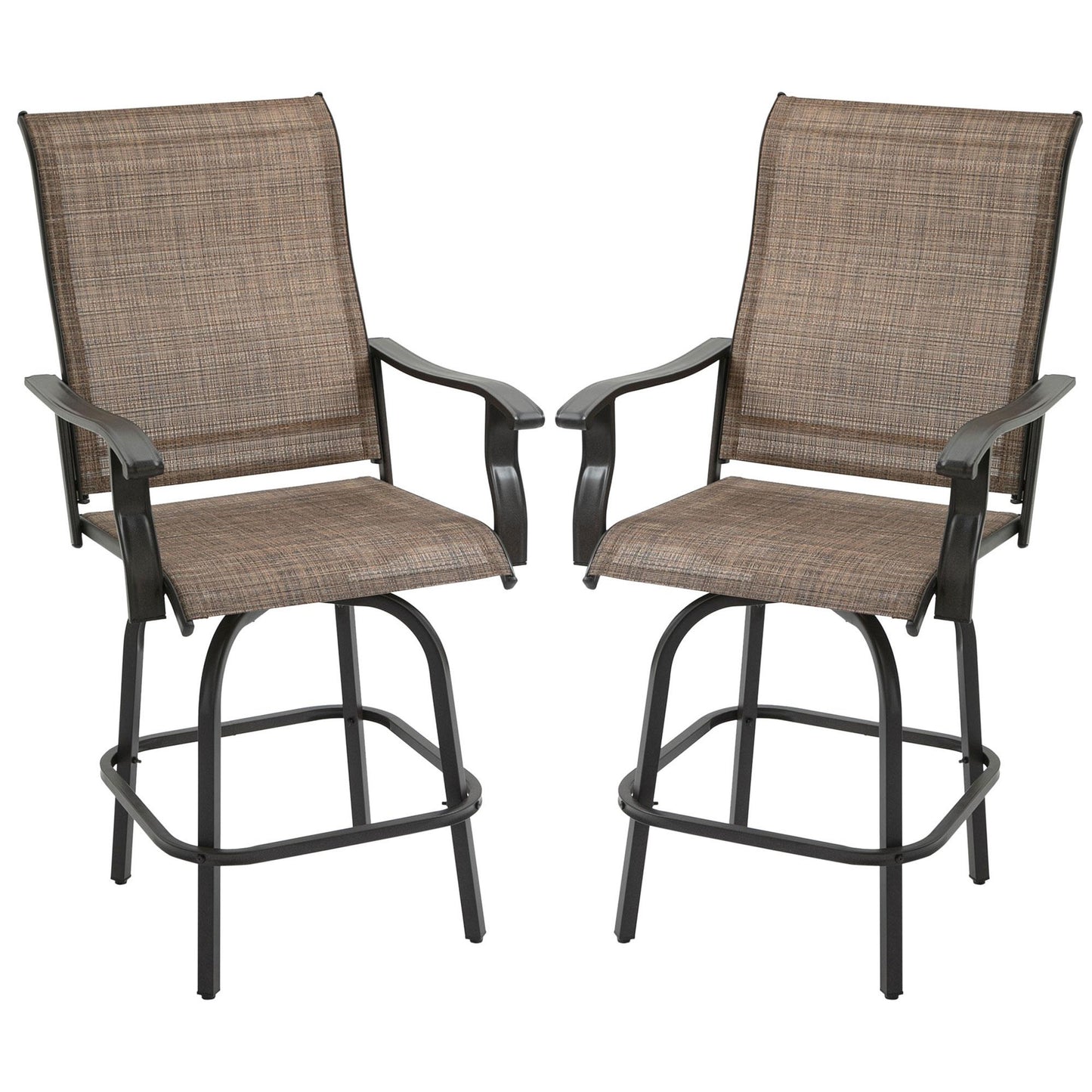 Bayfeve Set of 2 Outdoor Swivel Bar Stools Set of 2 Black Metal Frame Swivel Bar Stool Chair with Brown Sling Seat