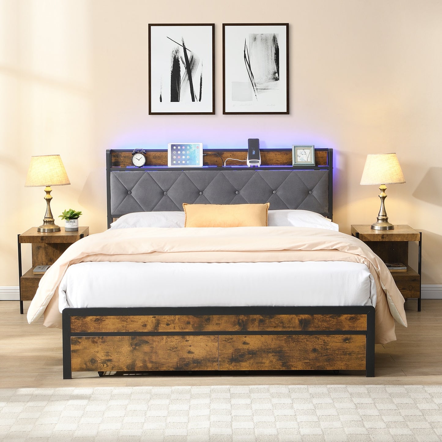 GZMR Full Brown+Gray Bed Frame Storage with Headboard