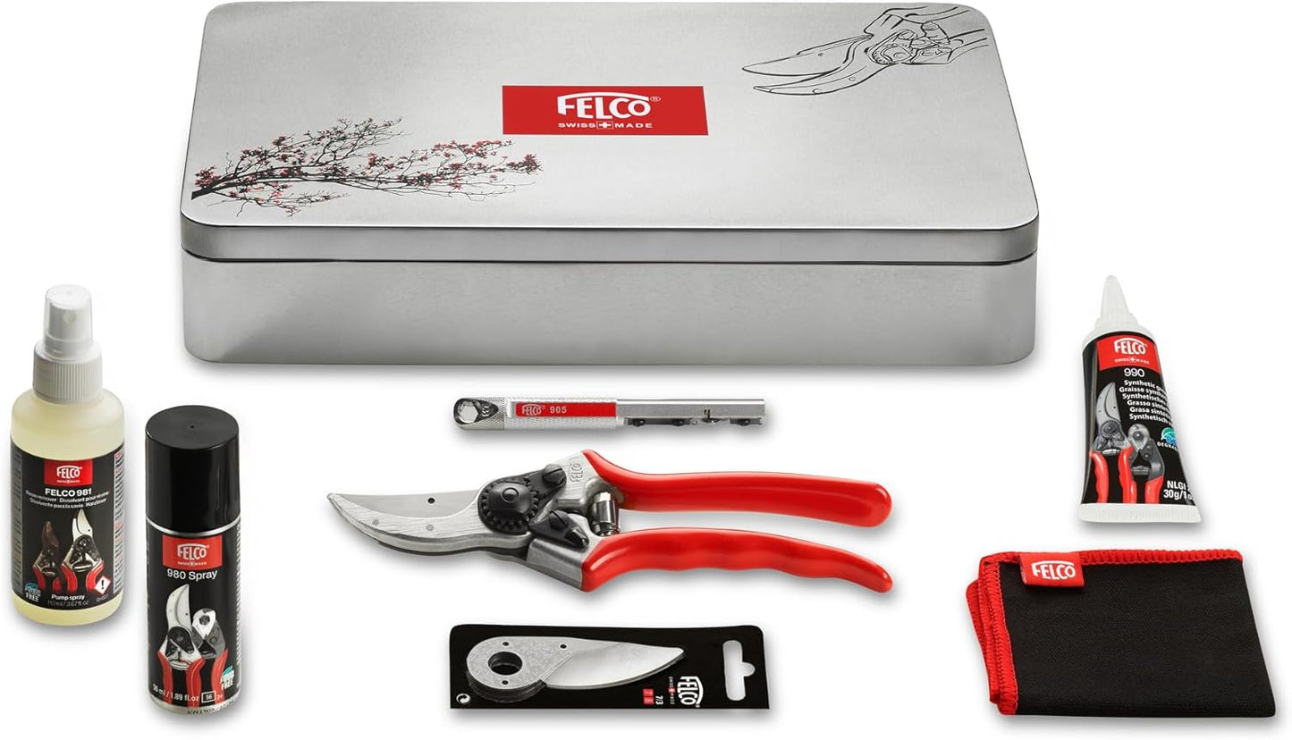 FELCO 933 Premium Pruning Kit – Includes 2, The Original Forged Aluminum Hand Pruner, Spare Blade, Sharpening Tool, Lubrication Spray & Cleaning Cloth | Swiss-Made Garden Tool Gift Set