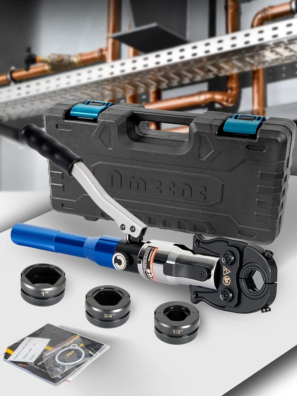 AMZCNC ProPress Tool Kit,Copper Tube Fittings Hydraulic Pipe Crimping Tool with 1\/2 inch,3\/4 inch and 1 inch Jaw Copper Pipe Press Crimpers Pressing Pliers,Suit for Narrow Space and Tee Fitting