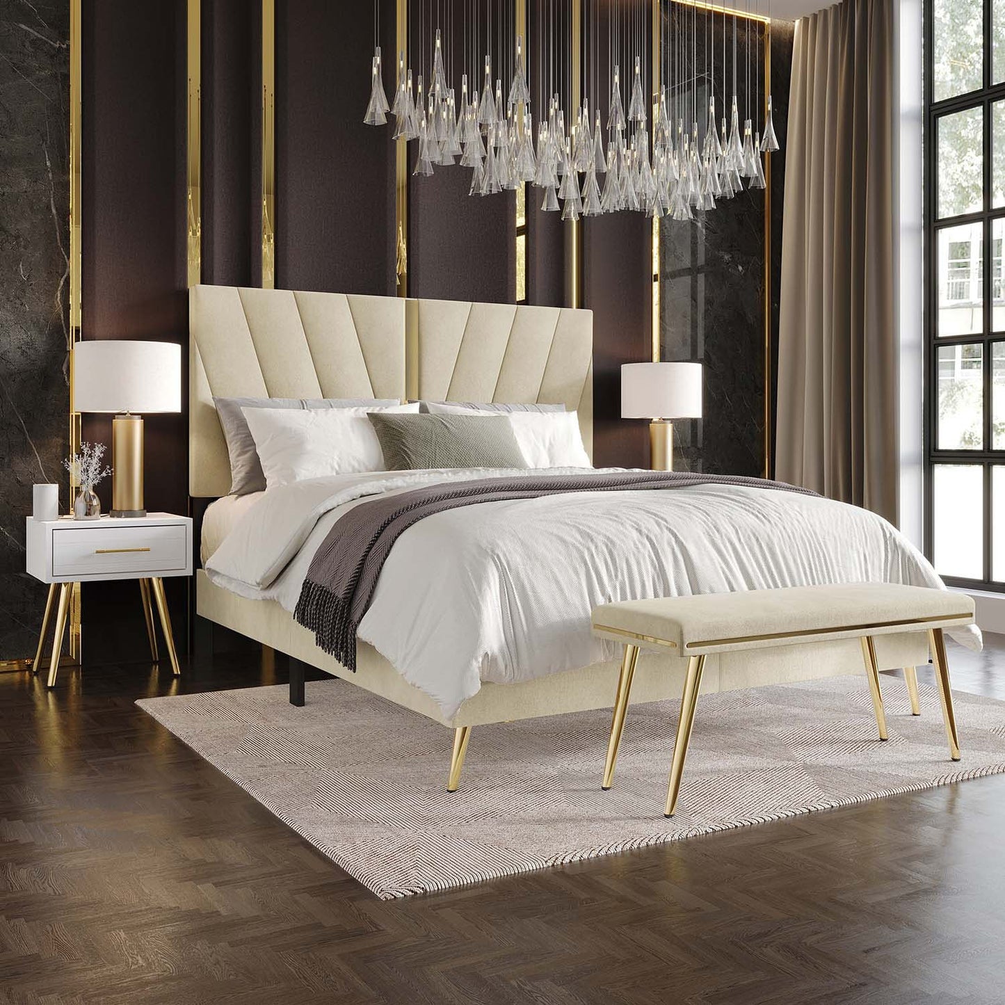 ChaletPosh Full Champagne Wood Upholstered Bed with Headboard