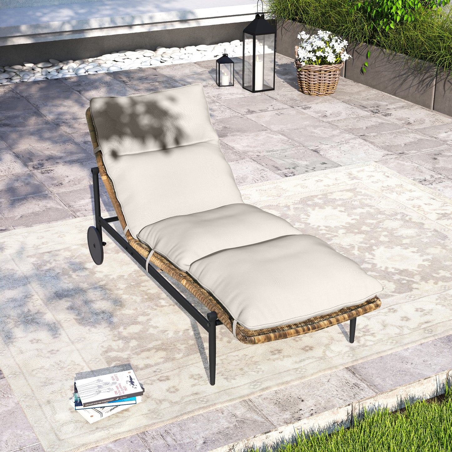 EGEIROS LIFE Rattan Black Aluminum Frame Stationary Chaise Lounge Chair with Beige Cushioned Seat