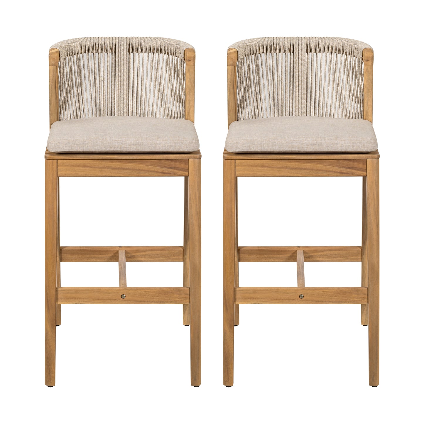 Christopher Knight Home Louie Outdoor Charm Acacia Wood Rope-Weave Barstool Set with Cushions-Teak Finish+Beige Cushion