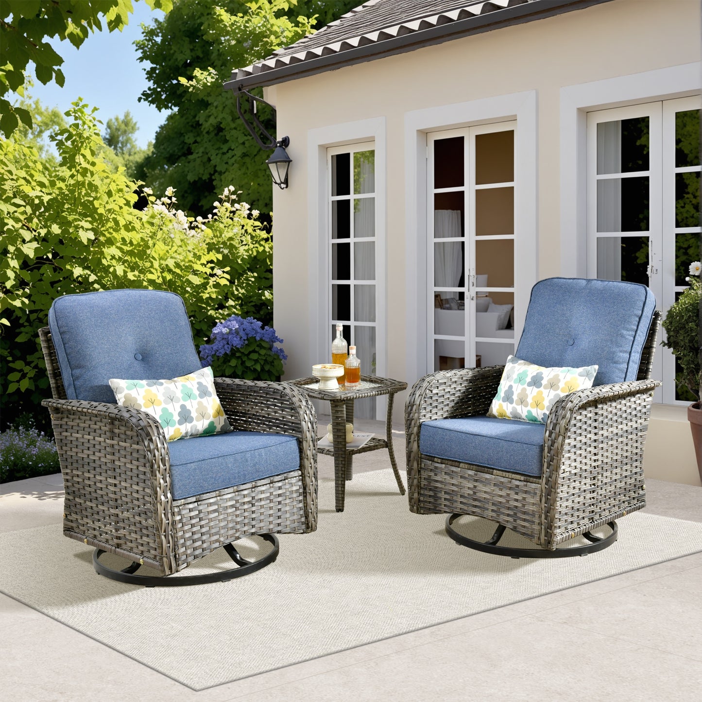 Caodoc Golden Set of 2 Rattan Denim Blue Rattan Frame Swivel rocker Conversation Chair with Blue Woven Seat