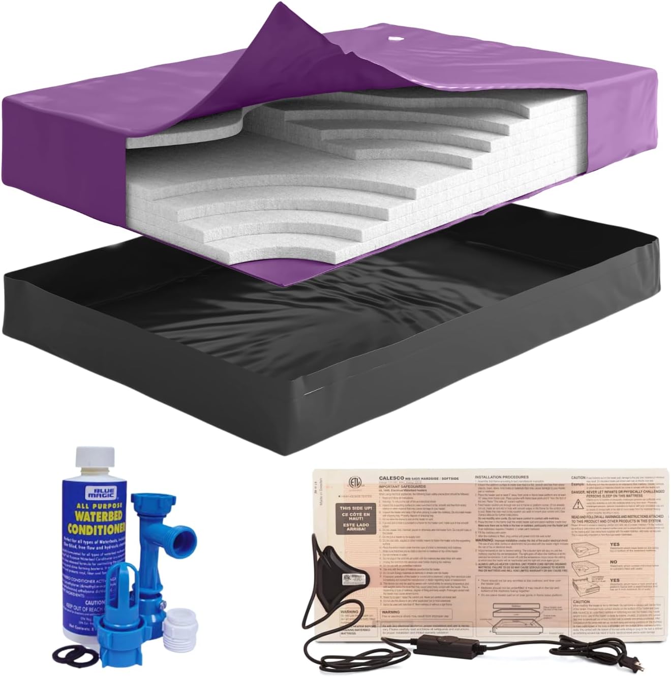 Boyd Sleep Blue Magic 99 Percent Waveless Hardside Waterbed Mattress Bundle with Eight Wave Reducing Fiber Layers- Includes 325W Heater - Liner - Fill and Drain Kit -Conditioner - Frame Not Included - Super Single Size