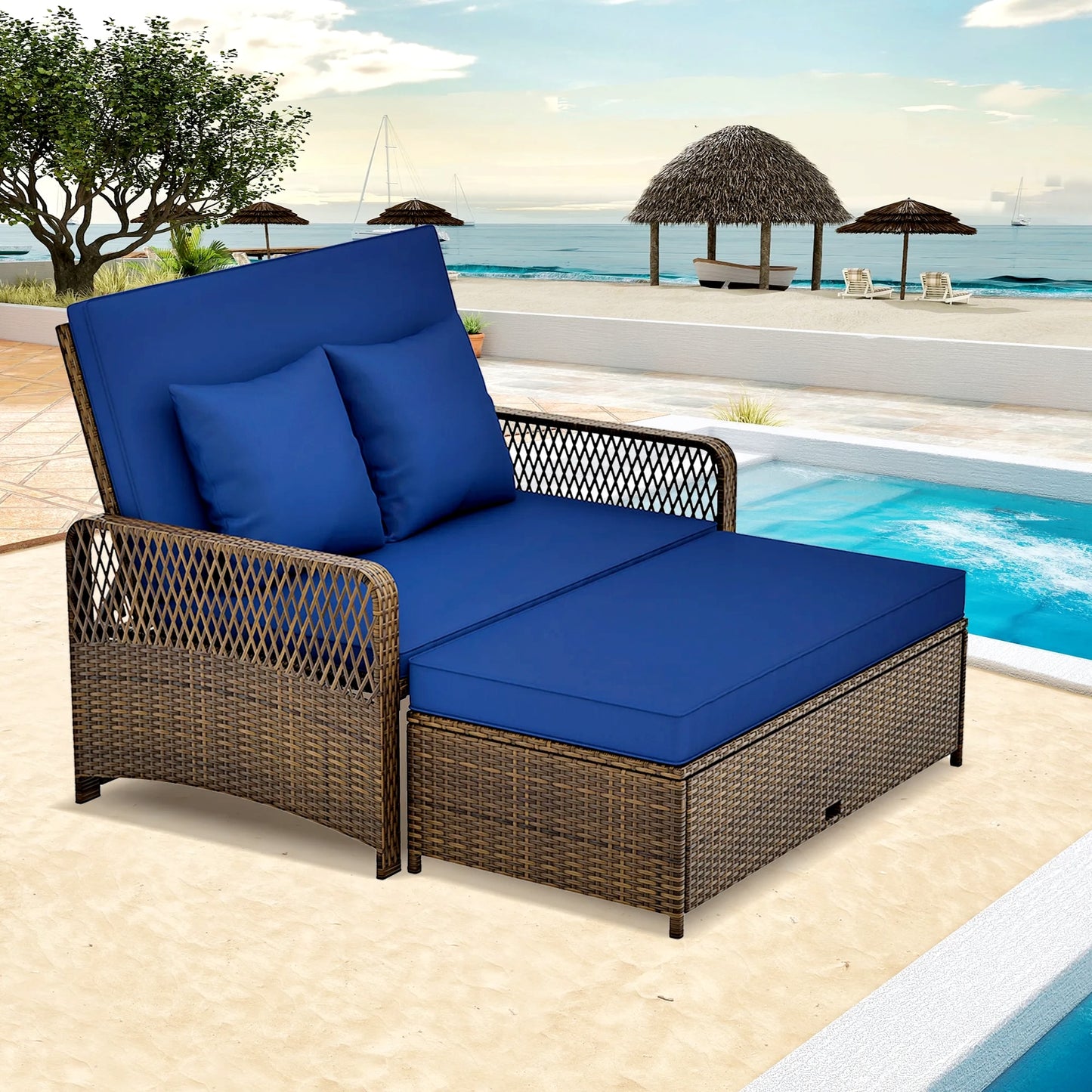 LIVIZA Jovial Rattan Outdoor Daybed with Blue Cushions and Rattan Frame