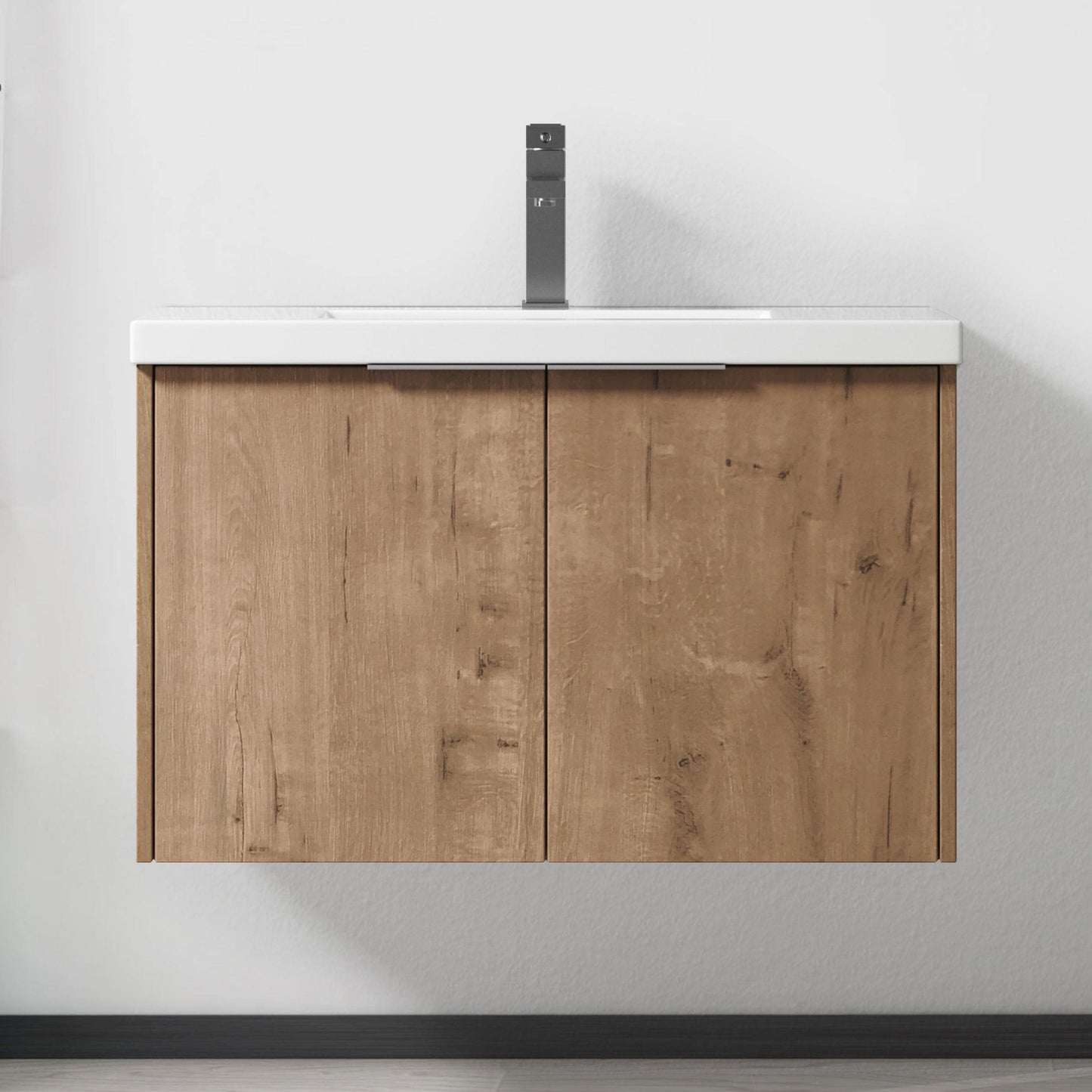 WELLFOR 30-in White Oak Single Sink Floating Bathroom Vanity with White Solid Surface Top