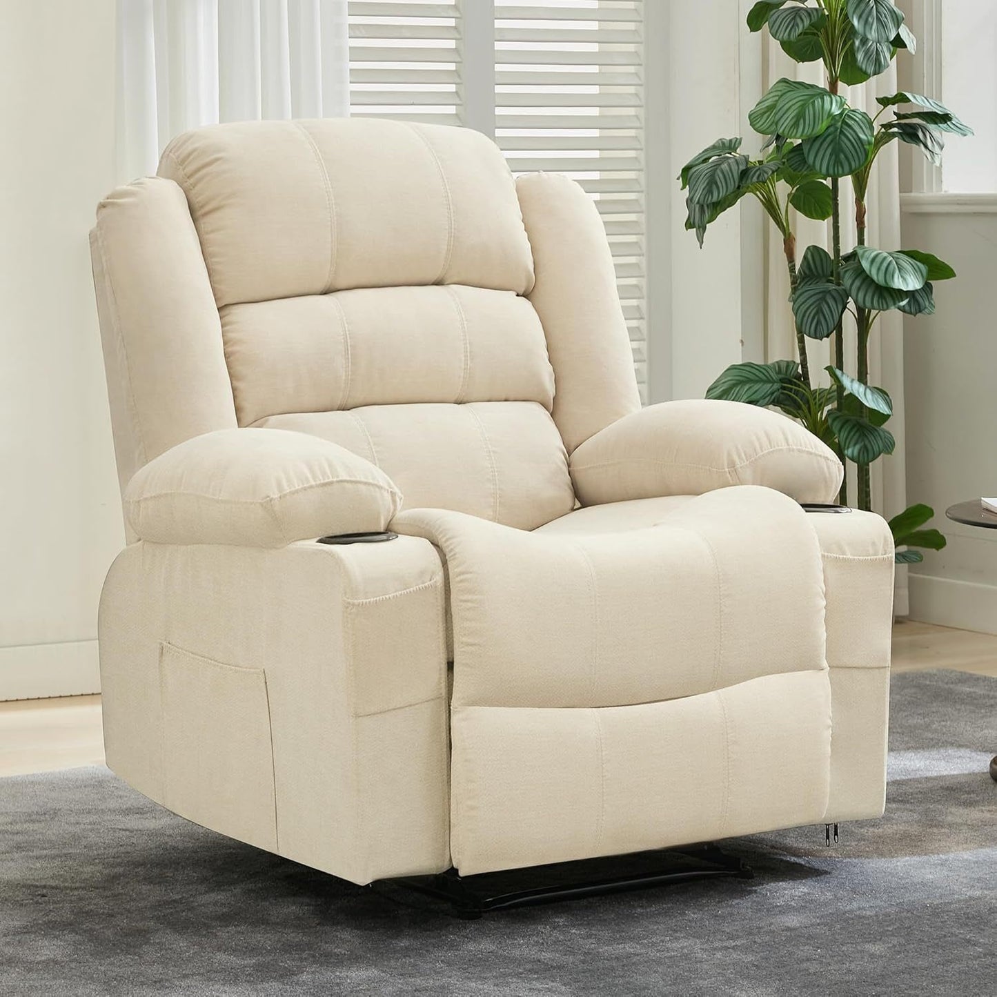 WhizMax Manual Recliner Chair with Massage and Heat, with 2 Cup Holders, Side Pockets, Remote Control,Beige