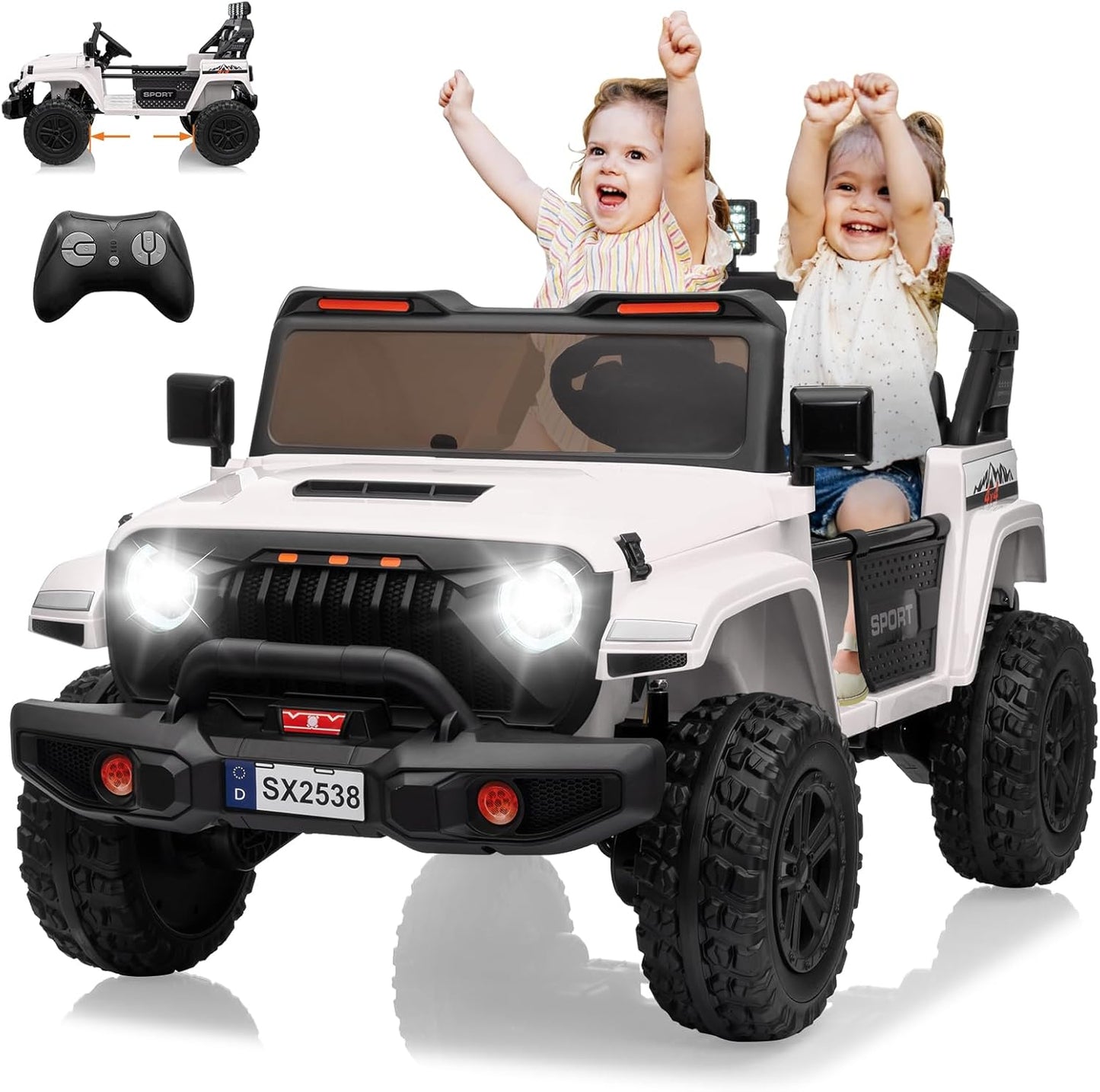 Qeetex 24V 2 Seater Kids Ride On Car With Adjustable Length 4WD Remote Control Three Speeds Music Lights And Safety Harness White