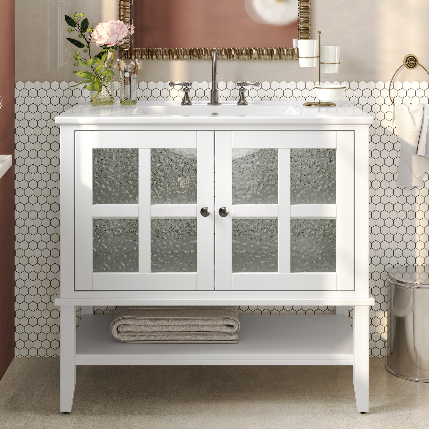 LOVMOR 36in Bathroom Vanity with Ceramic Sink Bathroom Vanity with Adjustable Shelf and Open Shelf with Solid Wood Legs Waterproof Painted Finish Silver Metal Knobs and Soft Close Hinges Design White