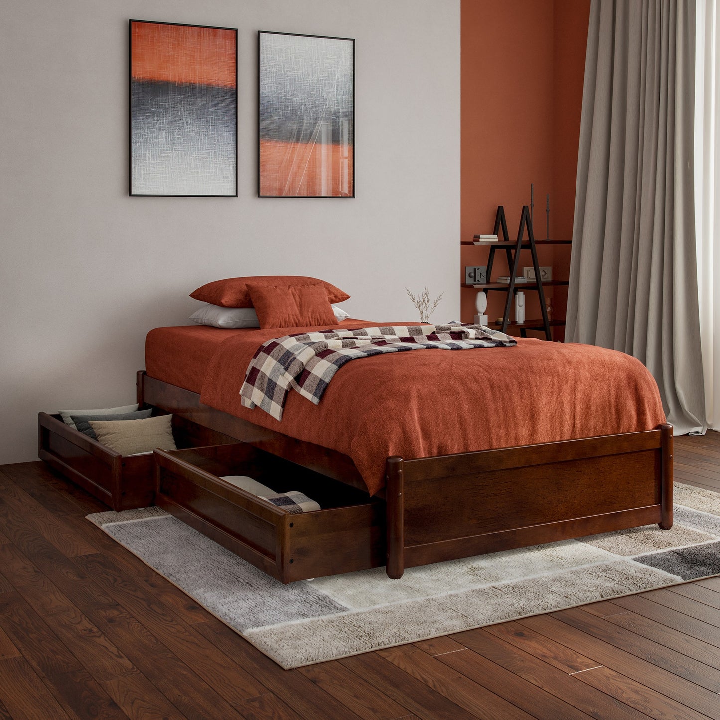AFI Twin extra long Walnut Wood Platform Bed Storage
