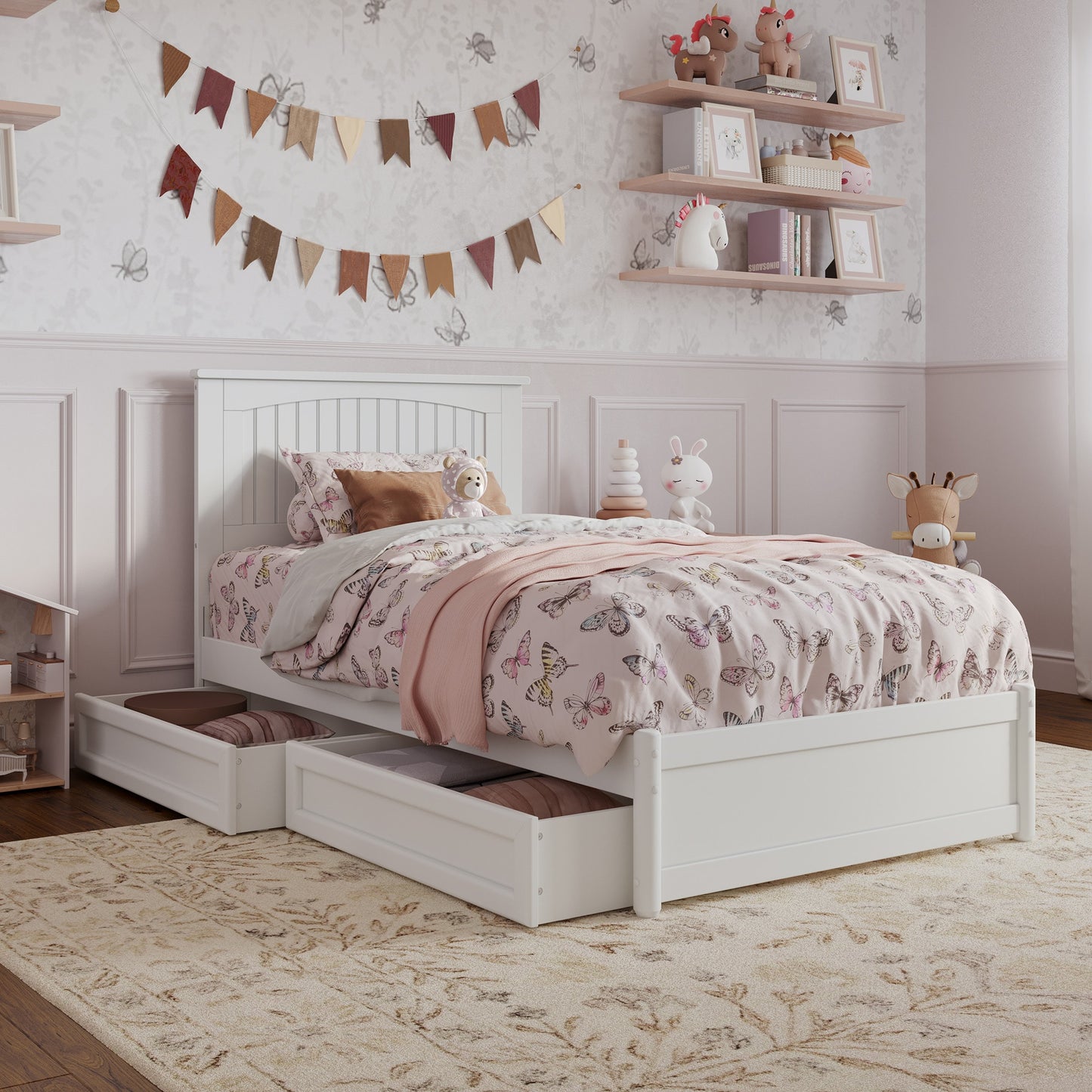 AFI Twin White Wood Platform Bed Storage with Headboard