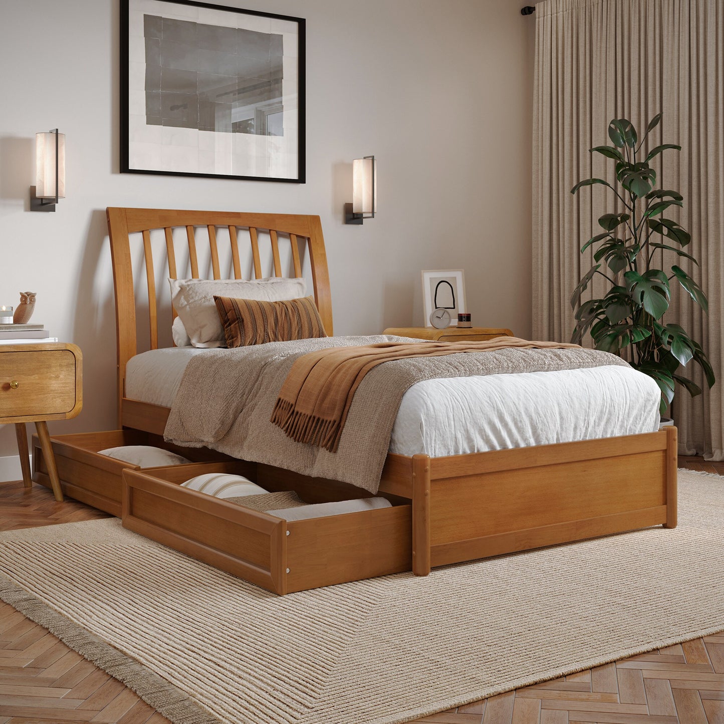 AFI Twin extra long Light Toffee Wood Platform Bed Storage with Headboard