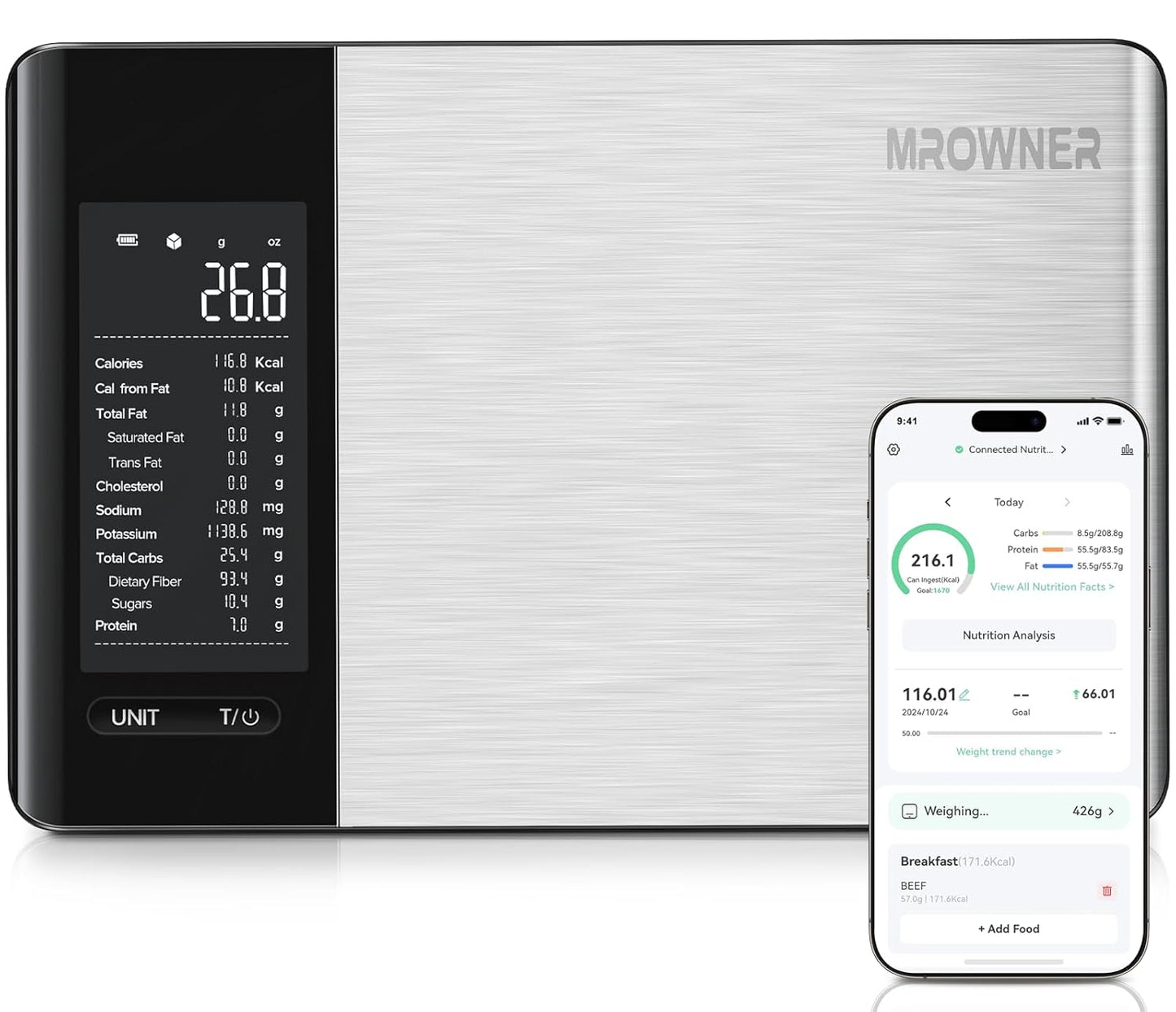 Smart Food Kitchen Scale with Nutritional Calculator, Free App with 19 Nutrients Tracking, Calorie, Marco, Digital Weight Grams and Ounces for Weight Loss, Premium Stainless Steel, 22lb