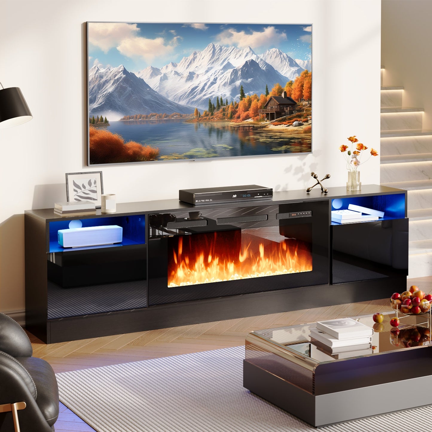 Bapipro 70-in W Black TV Stand with Infrared quartz Flat wall with Remote Control Included