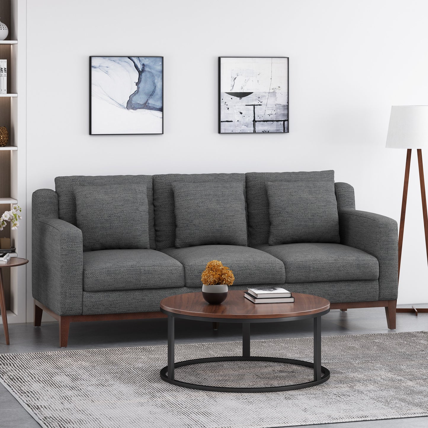 Christopher Knight Home Elliston Fabric Contemporary 3 Seater Sofa with Accent Pillows Charcoal Dark Walnut