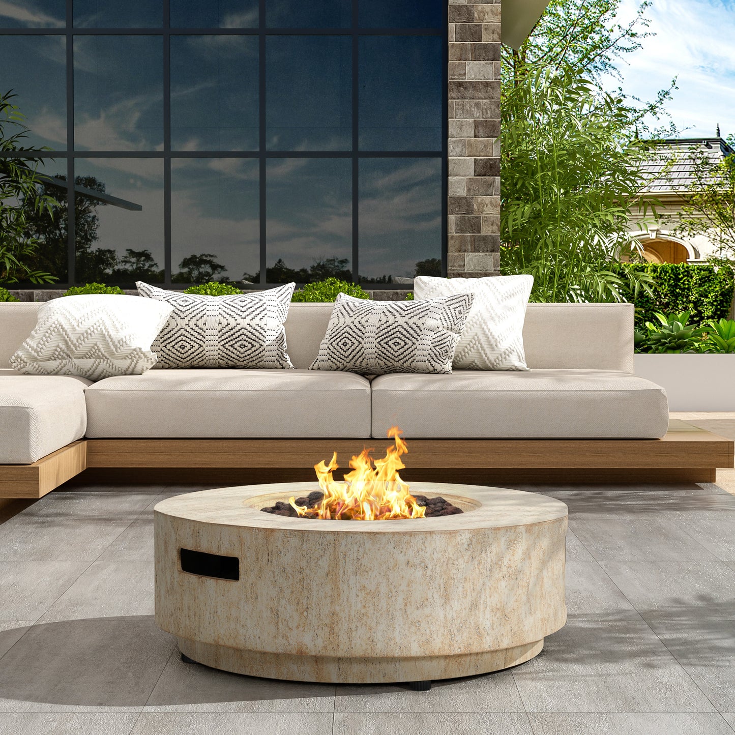Christopher Knight Home Trenton Outdoor Fire Pit Table with Travertine Stone Texture and Durable MGO Build(Tank Cover Not Provided) -Travertine Beige