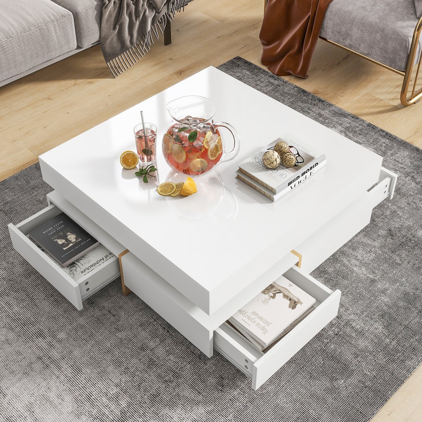 ModernLuxe Modern High Gloss Coffee Table with 4 Drawers MultiStorage Square Cocktail Tea Table with Wood Grain Legs Center Table for Living Room White
