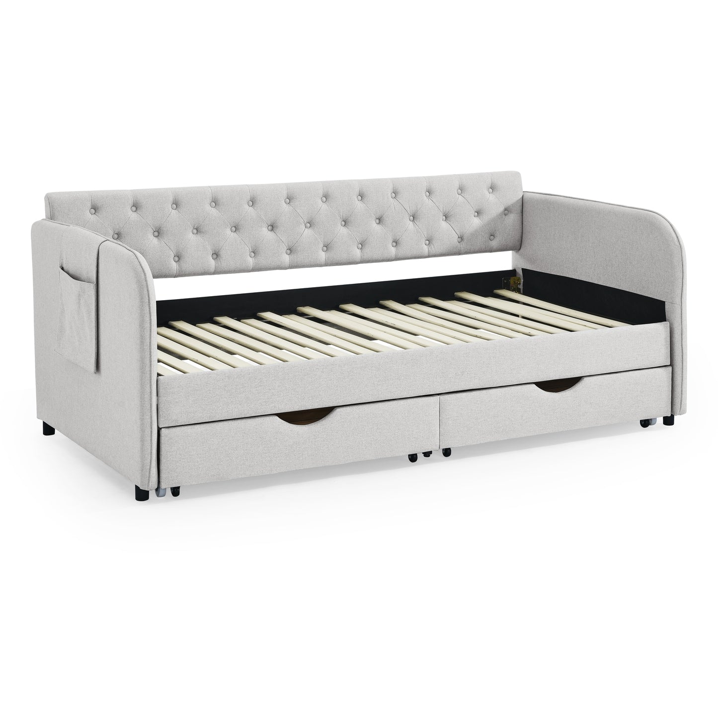 Bybafun Twin Beige Wood Tufted Bed Frame with Headboard