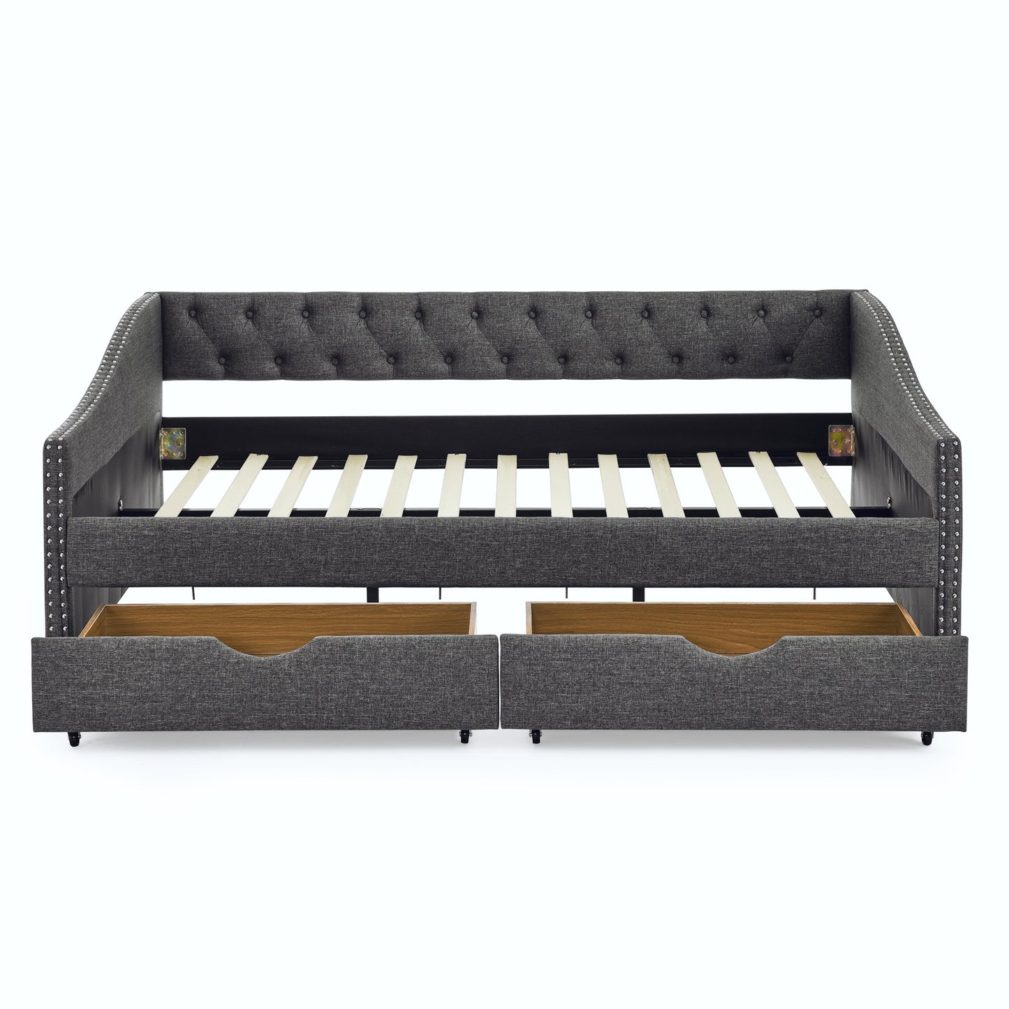 Bybafun Full Dark Gray Wood Tufted Bed Frame with Headboard