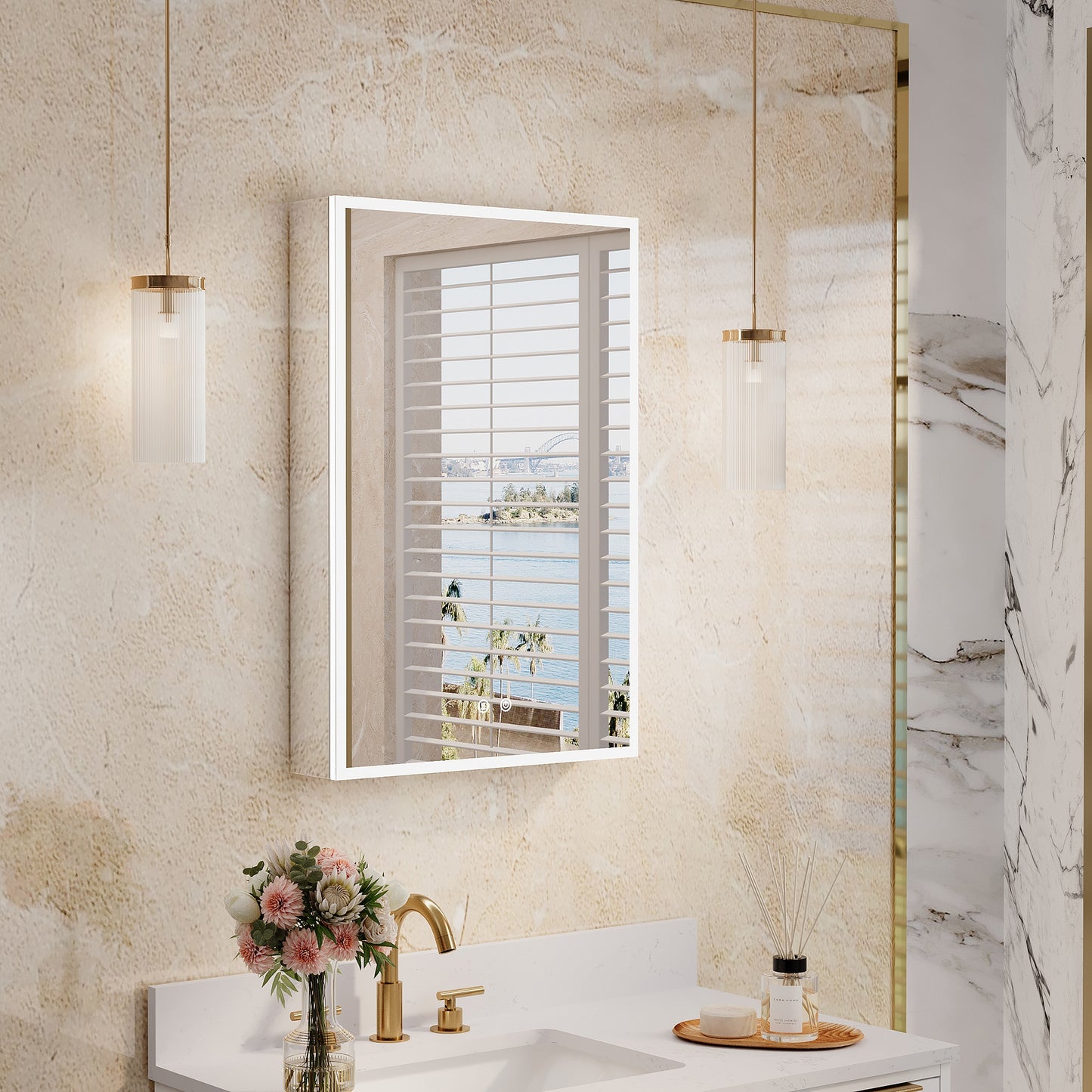 CALVON B8 20-in x 30-in Lighted LED Fog Free Surface/Recessed Mount Silver Mirrored Rectangle Soft Close Medicine Cabinet with Outlet