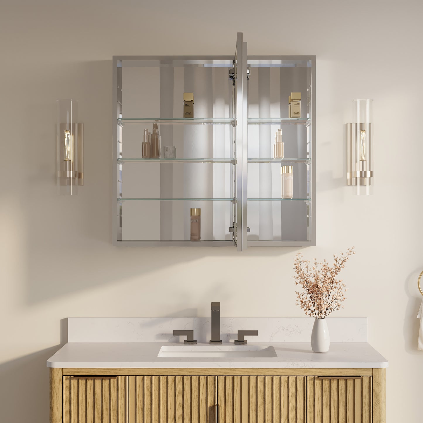 CALVON Rivon Modular Mirrored Medicine Cabinet 32-in x 30-in Surface/Recessed Mount Silver Mirrored Rectangle Soft Close Medicine Cabinet