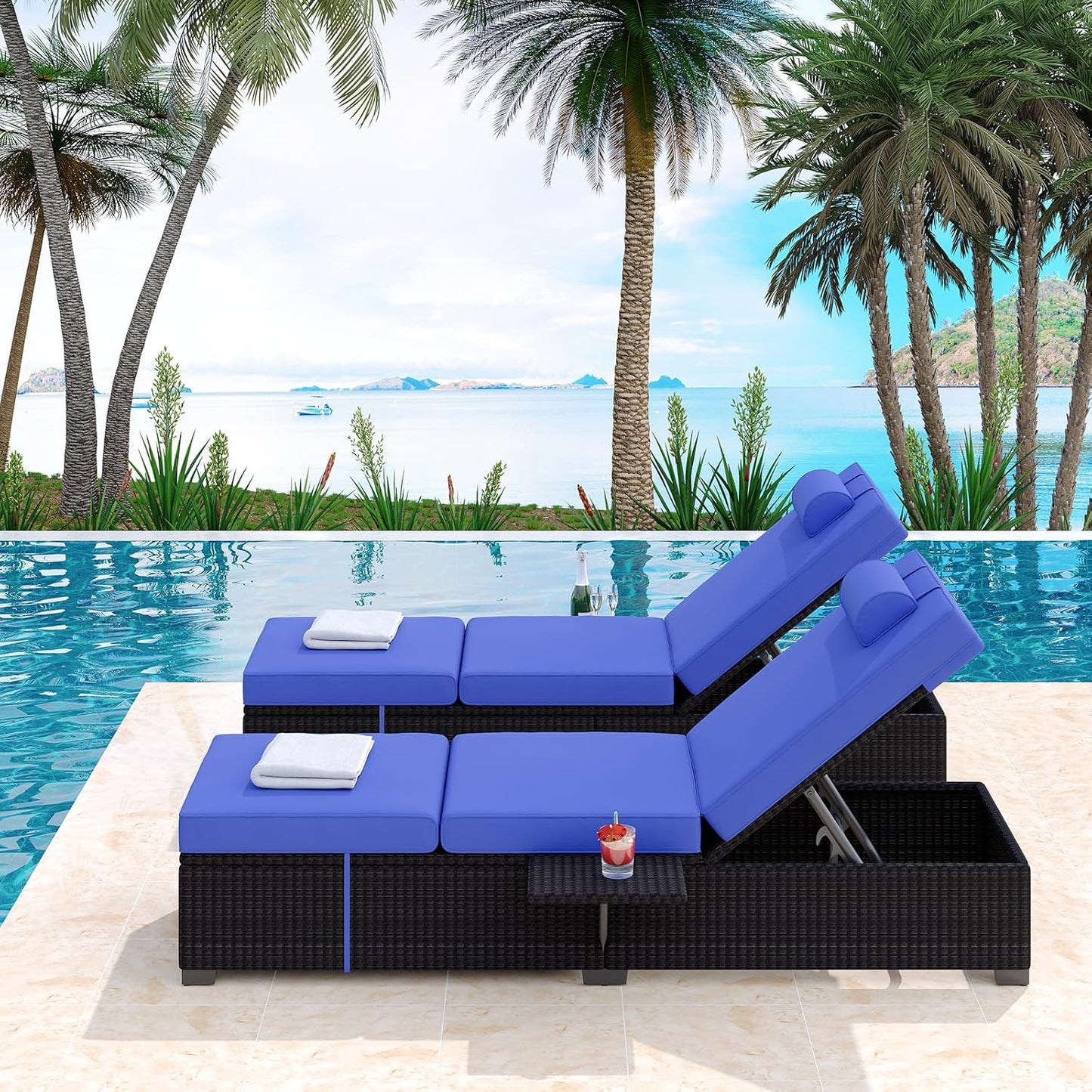 Qeetex 78inch Outdoor PE Wicker Chaise Lounge Chairs Set of 2 Adjustable Reclining Pool Lounge Chairs with Cushions and Foldable Tabletop Brown Rattan Patio Sun Loungers for Garden Backyard Beach Blue