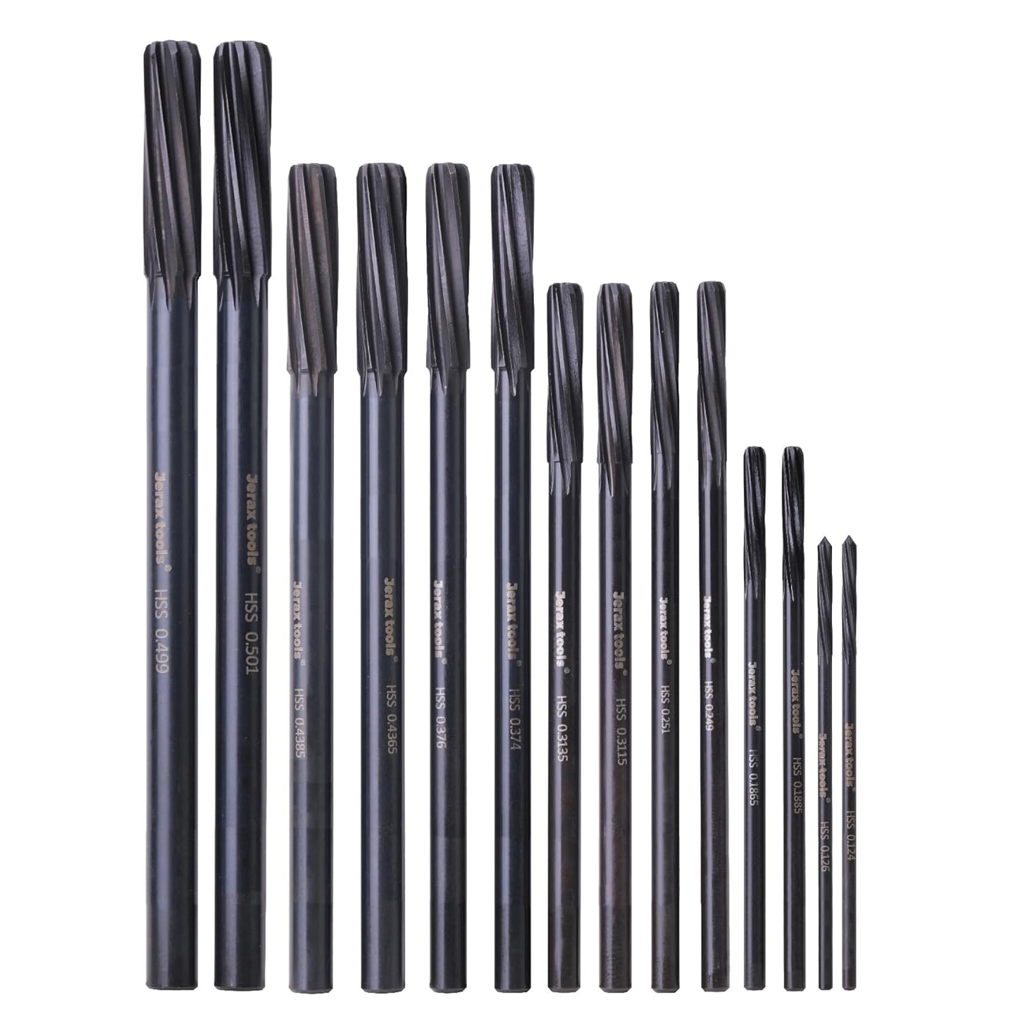 Jerax tools M2 High Speed Steel Premium Chucking Reamer Set, 14 pcs Over and Under Sizes 0.1240'' Thru 0.5010'', Spiral Flute, Enlarge, Smoothing and Finishing Holes