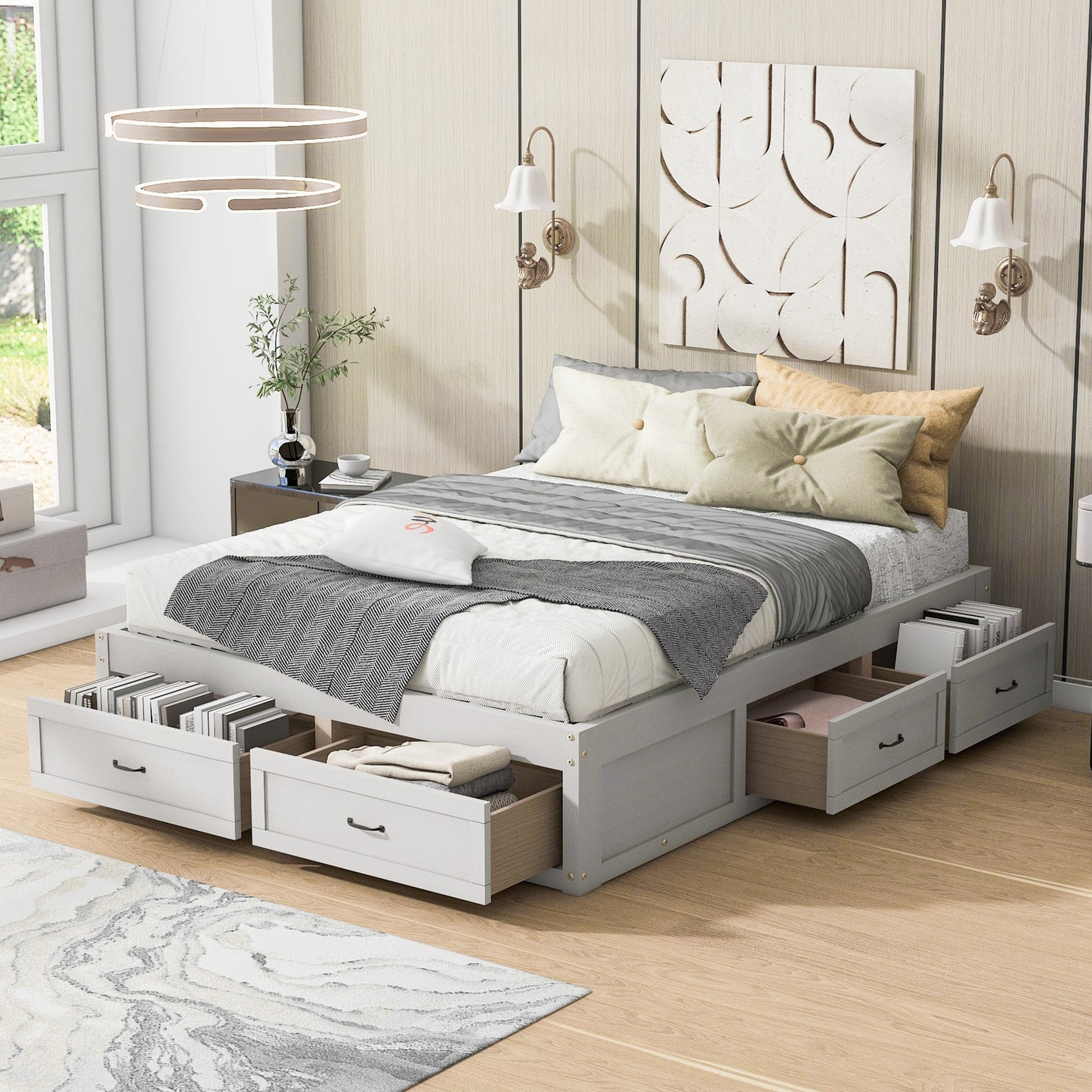 ModernLuxe Queen Size Platform Bed with 6 Storage Drawers Antique White