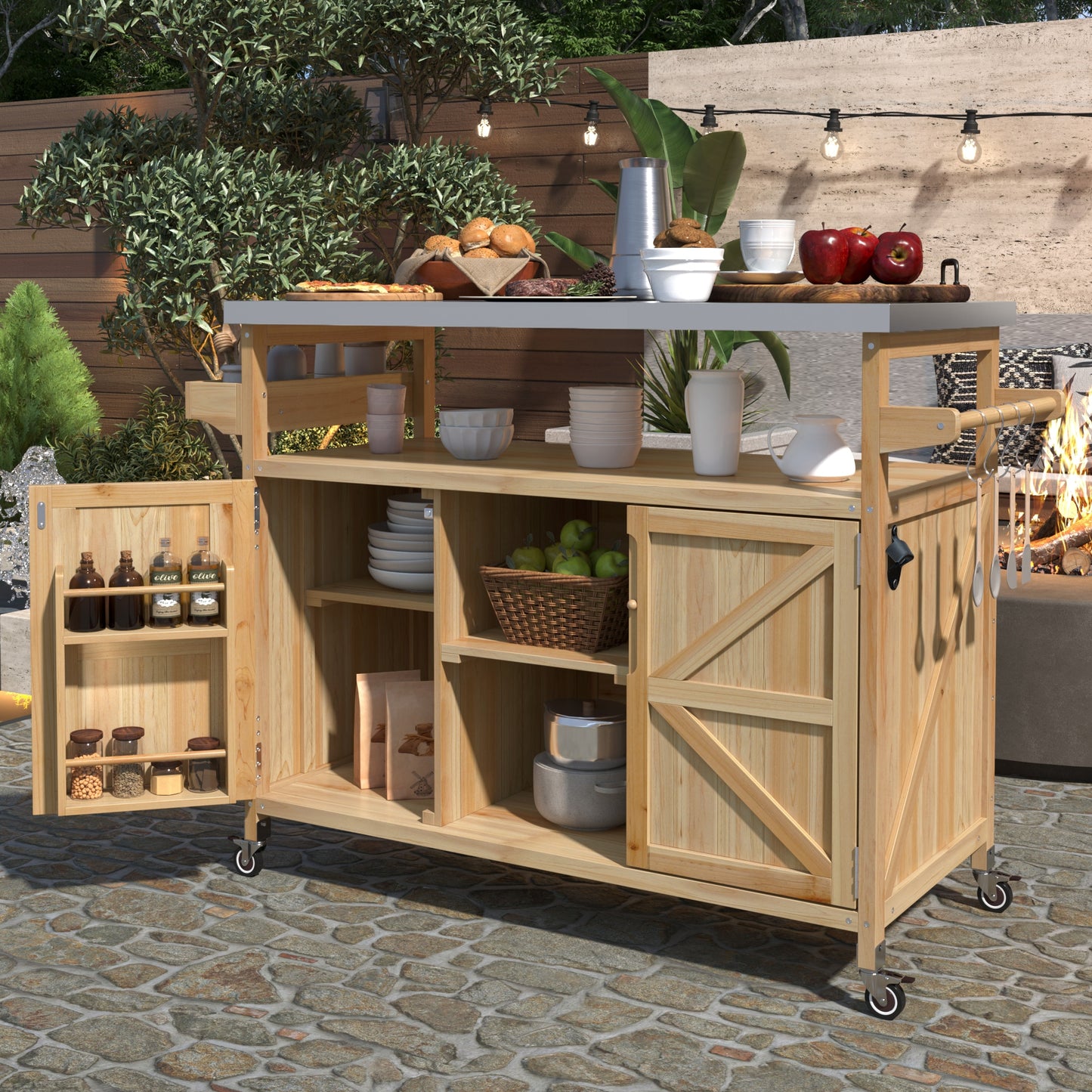 ModernLuxe Outdoor Kitchen Island Rolling Bar Cart Storage Cabinet Farmhouse Solid Wood Outdoor Grill Table with Stainless Steel Top Spice Rack Towel Rack for Kitchen BBQ Natural