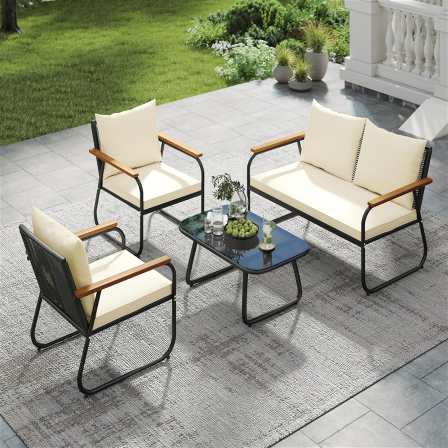 BABOOM Patio Furniture Set 4 -Piece Rattan Patio Conversation Set with Off-white Cushions