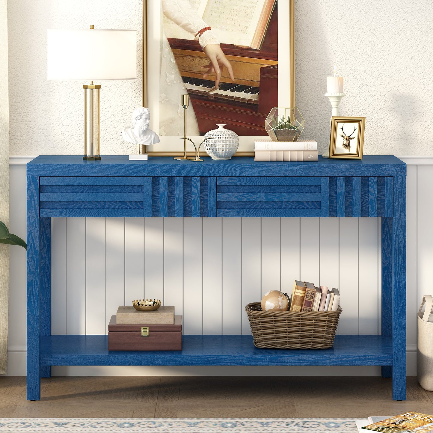 ModernLuxe Modern Ash Veneer Console Table Classic Striped Design with 2 Drawers Open Shelf Perfect for Living Room Hallway Entryway Study Room