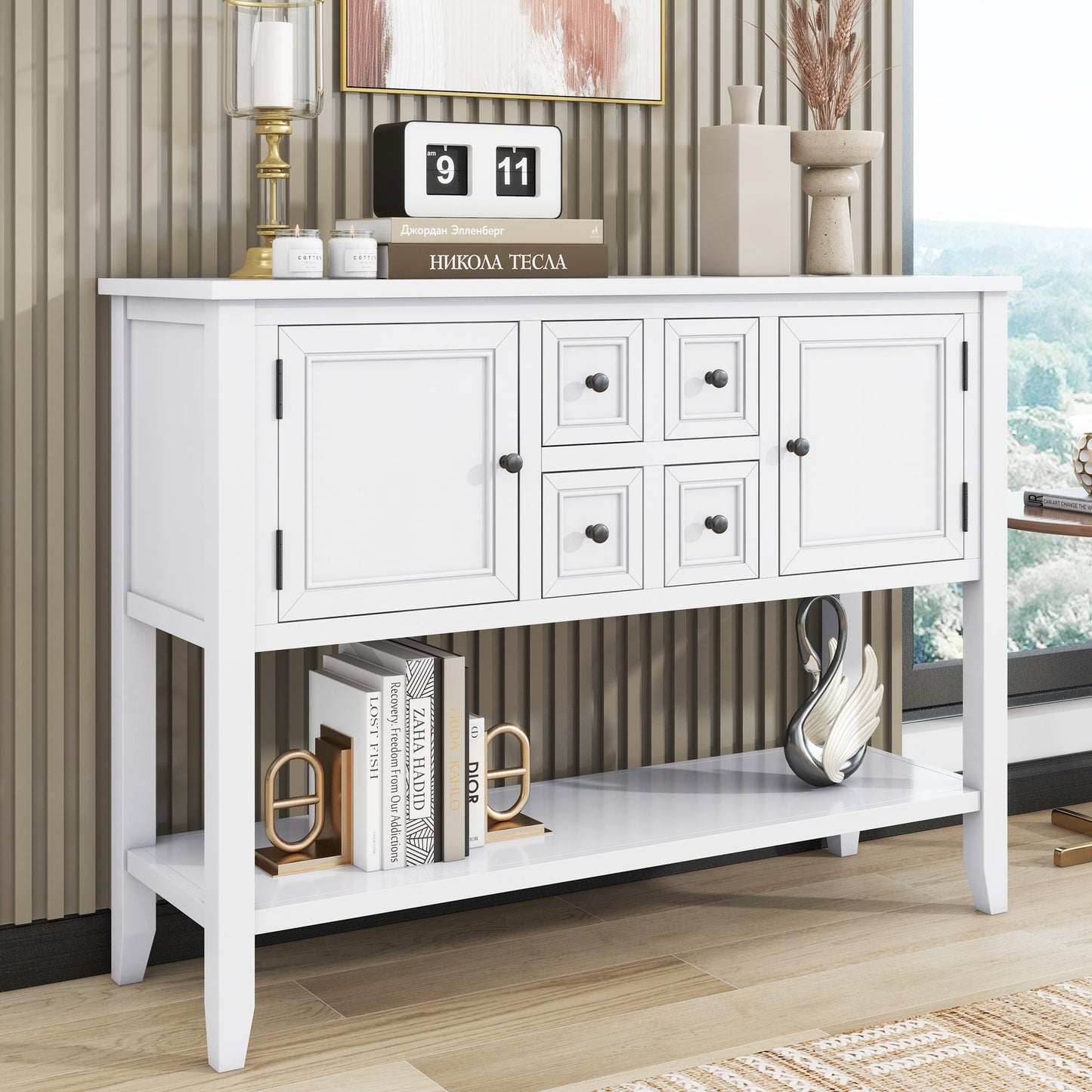 ModernLuxe Cambridge Series Ample Storage Vintage Console Table with Four Small Drawers and Bottom Shelf for Living Rooms Entrances and Kitchens White
