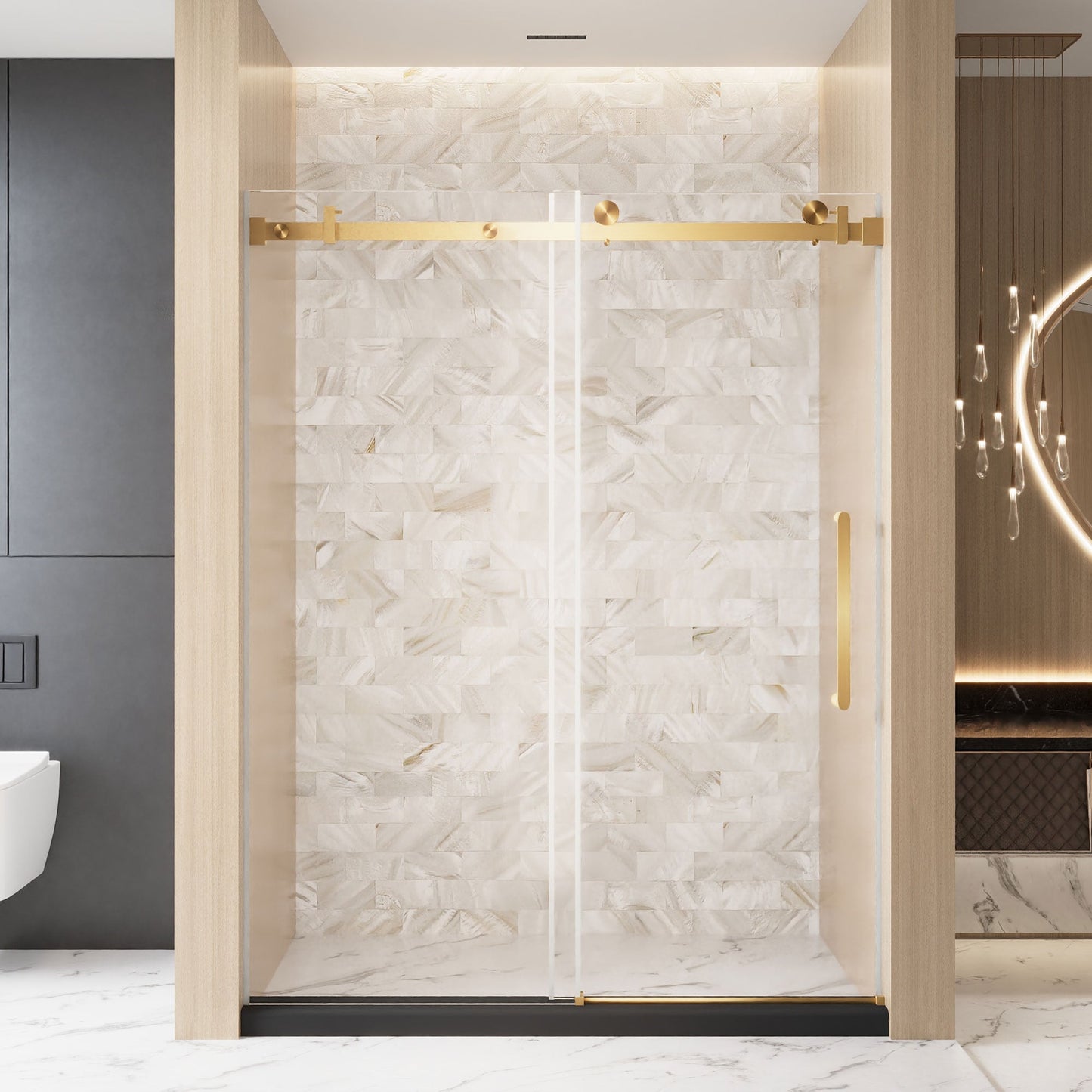 LOVMOR Frameless Single sliding shower door 60 inch W x 76 inch H Clear Tempered Glass Explosion Proof Film Stainless Steel Handle Square Tube Track Brushed Gold