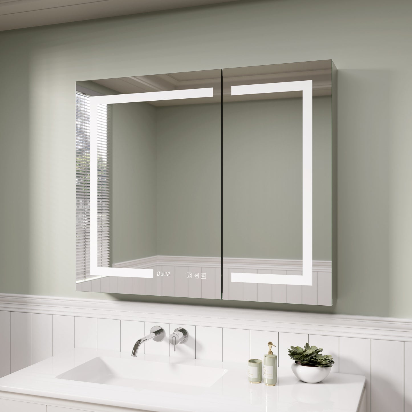 Royal Guard Clean 36-in x 30-in Lighted LED Fog Free Surface/Recessed Mount Silver Mirrored Rectangle Soft Close Medicine Cabinet with Outlet